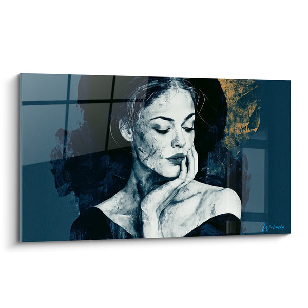 Tableau Portrait de femme bleu marine et doré - Pensée intime - Edition sexy