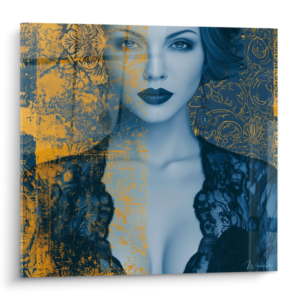 Tableau Femme en dentelle bleue et dorée - Double regard envoûtant - Edition sexy