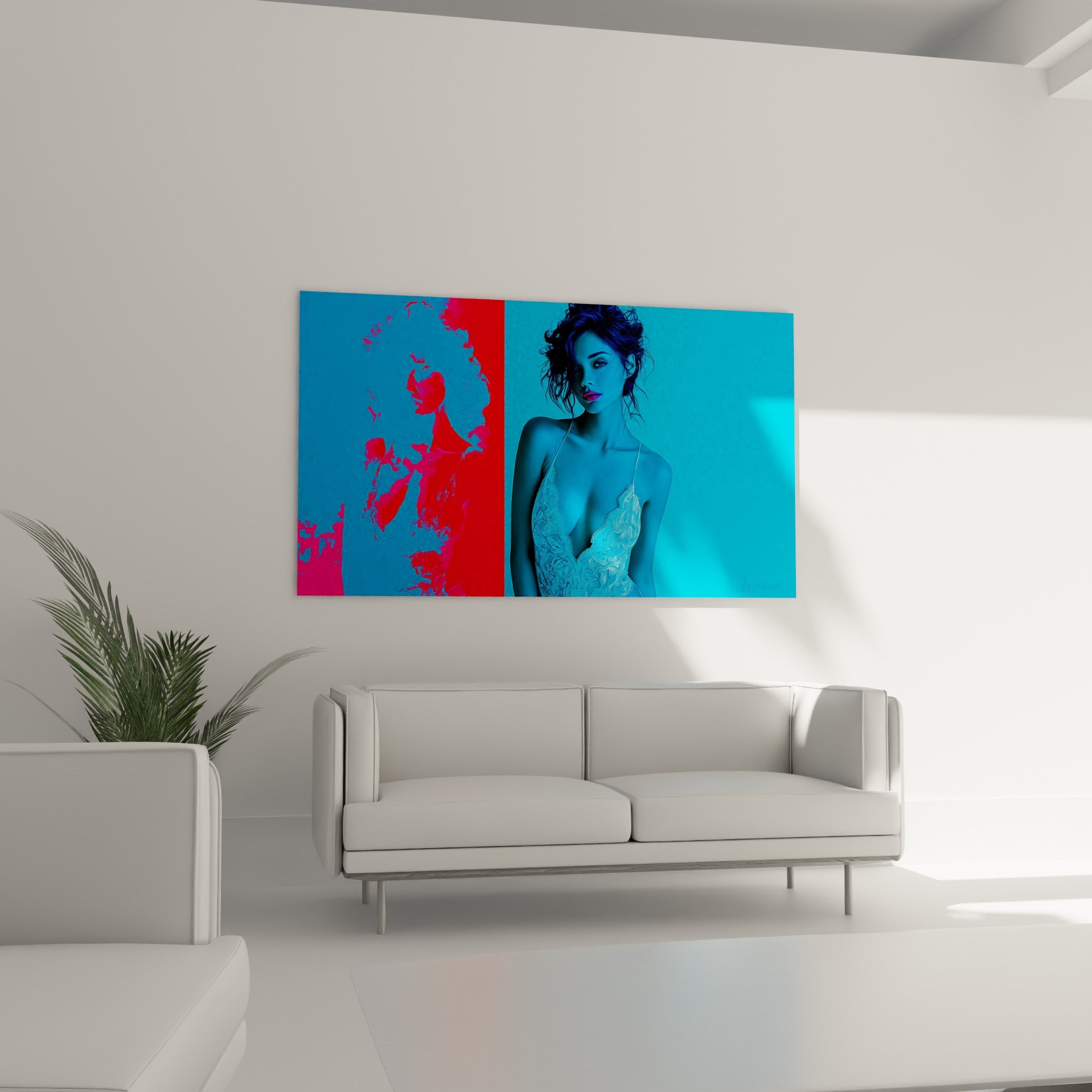 Portrait féminin bleu nuit et fuchsia éclaté, disposé au-dessus d'un canapé dans un salon lumineux