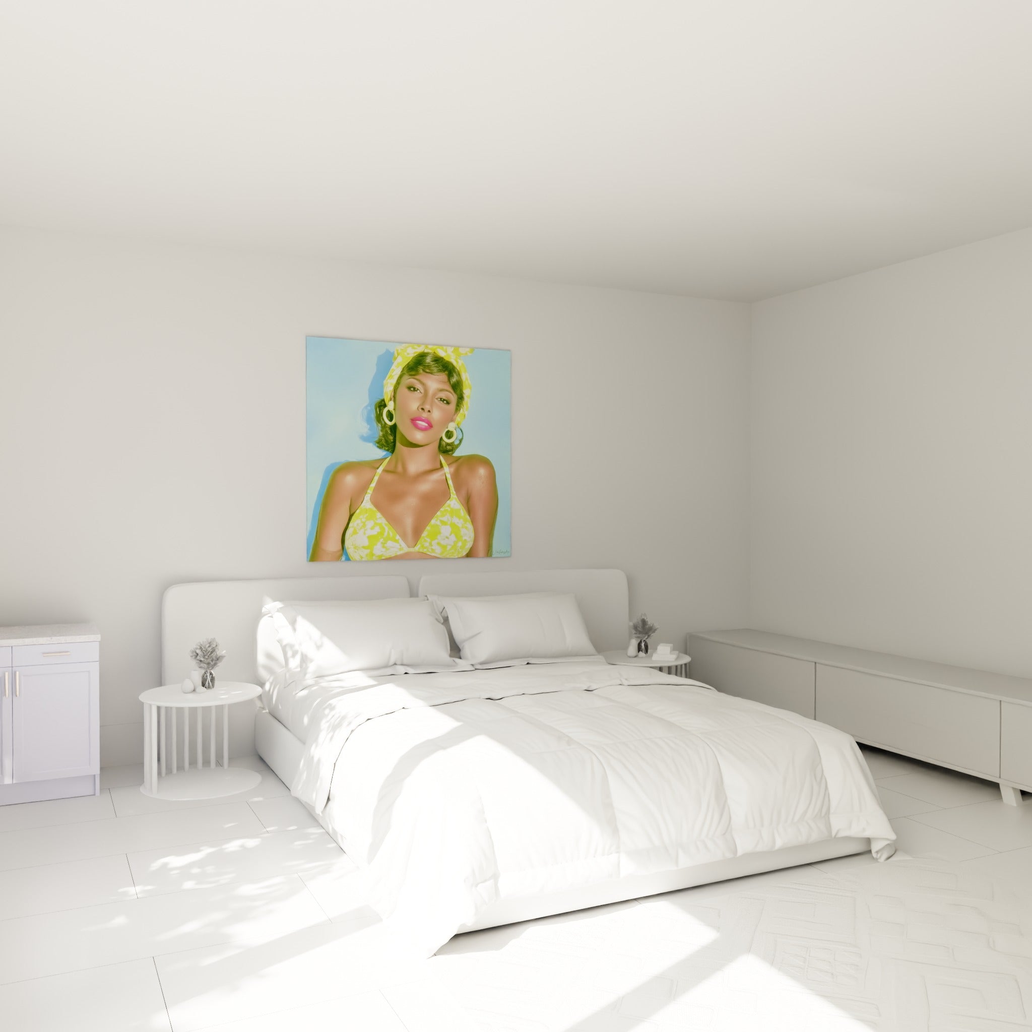 Portrait glamour vert citron et bleu pastel accroché au-dessus d'un lit dans une chambre claire