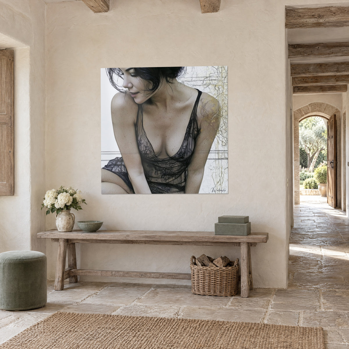 Wall art of a young dark-haired woman leaning forward, sheer black veil with gold threads, on a cream hallway wall