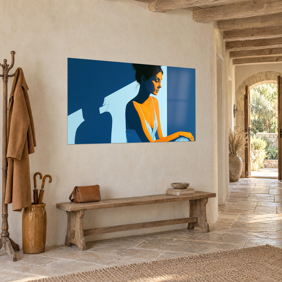 Tableau silhouette féminine penchée, visage orangé aux yeux clos contre un mur bleu marine et ciel pâle, dans un couloir en pierre