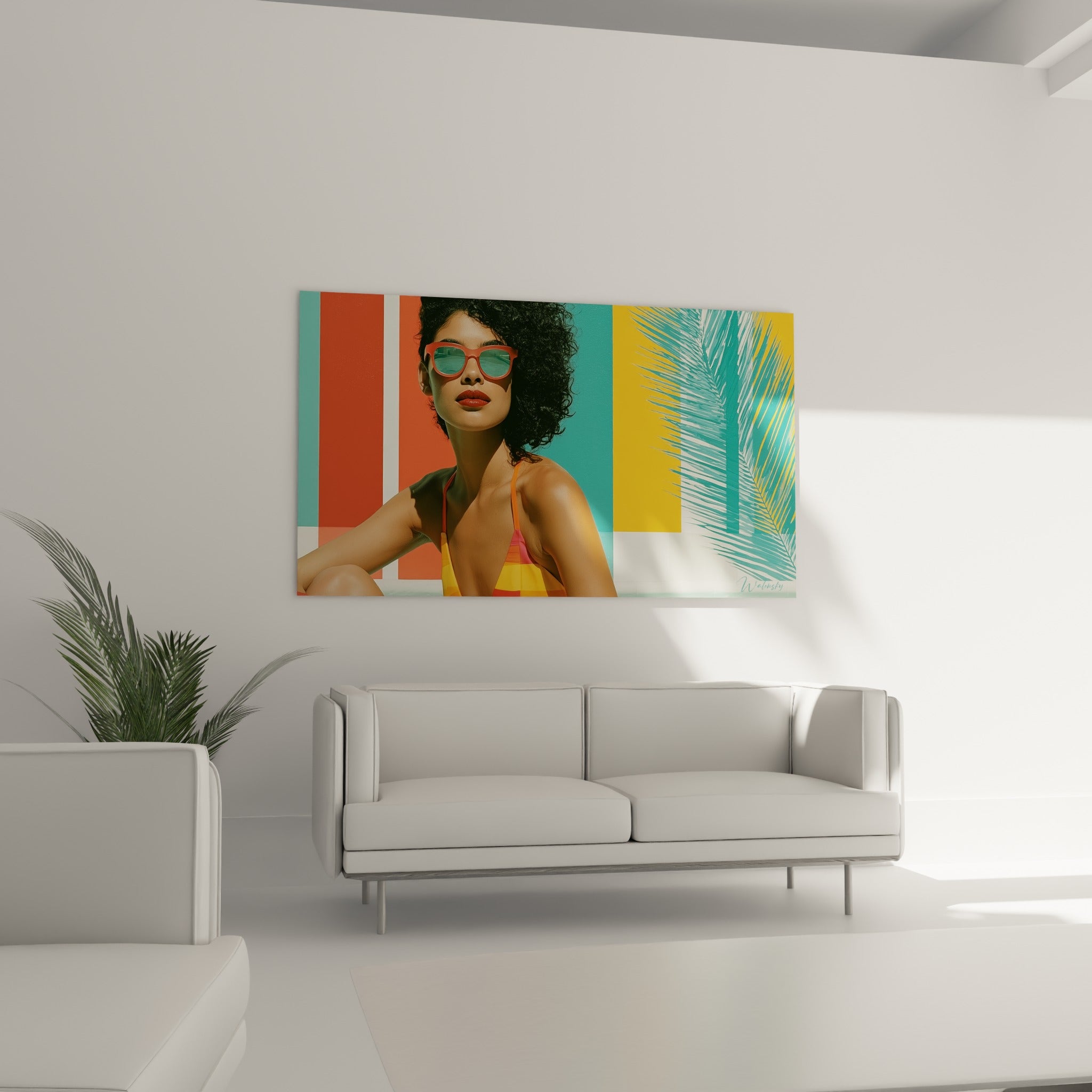Silhouette sensuelle en maillot jaune et corail suspendue au-dessus d'un canapé dans un salon lumineux