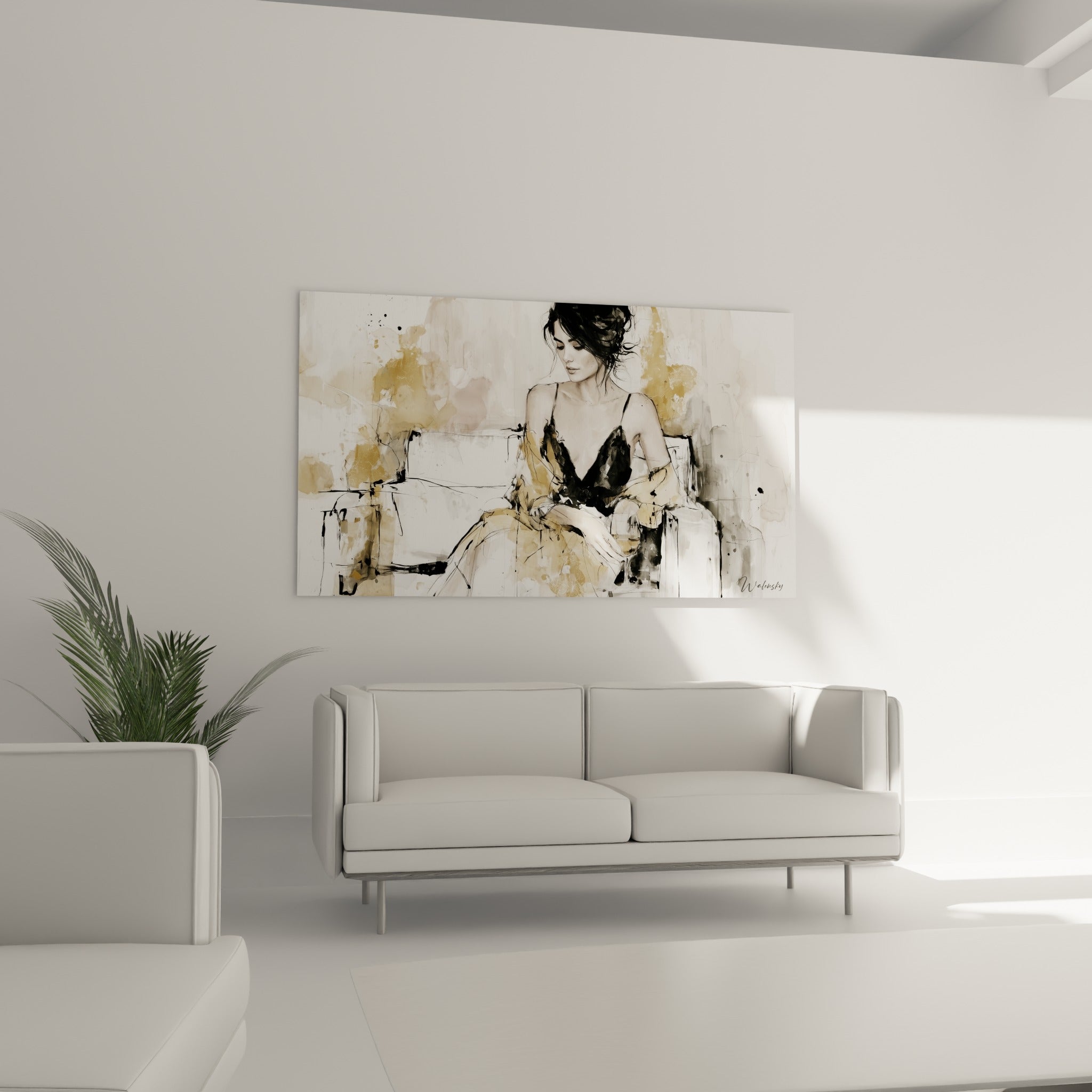 Portrait pensif d'une femme en dentelle noire au-dessus d'un canapé dans un salon lumineux