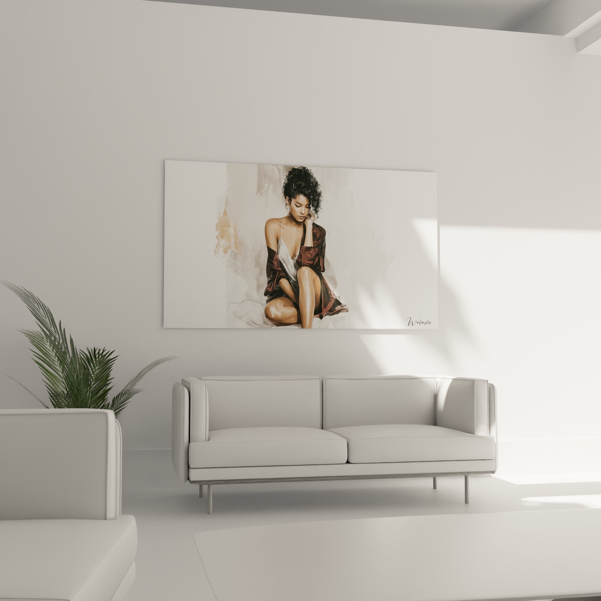 Portrait sensuel bordeaux et beige d'une femme assise, main près du visage, au-dessus d'un canapé dans un salon lumineux