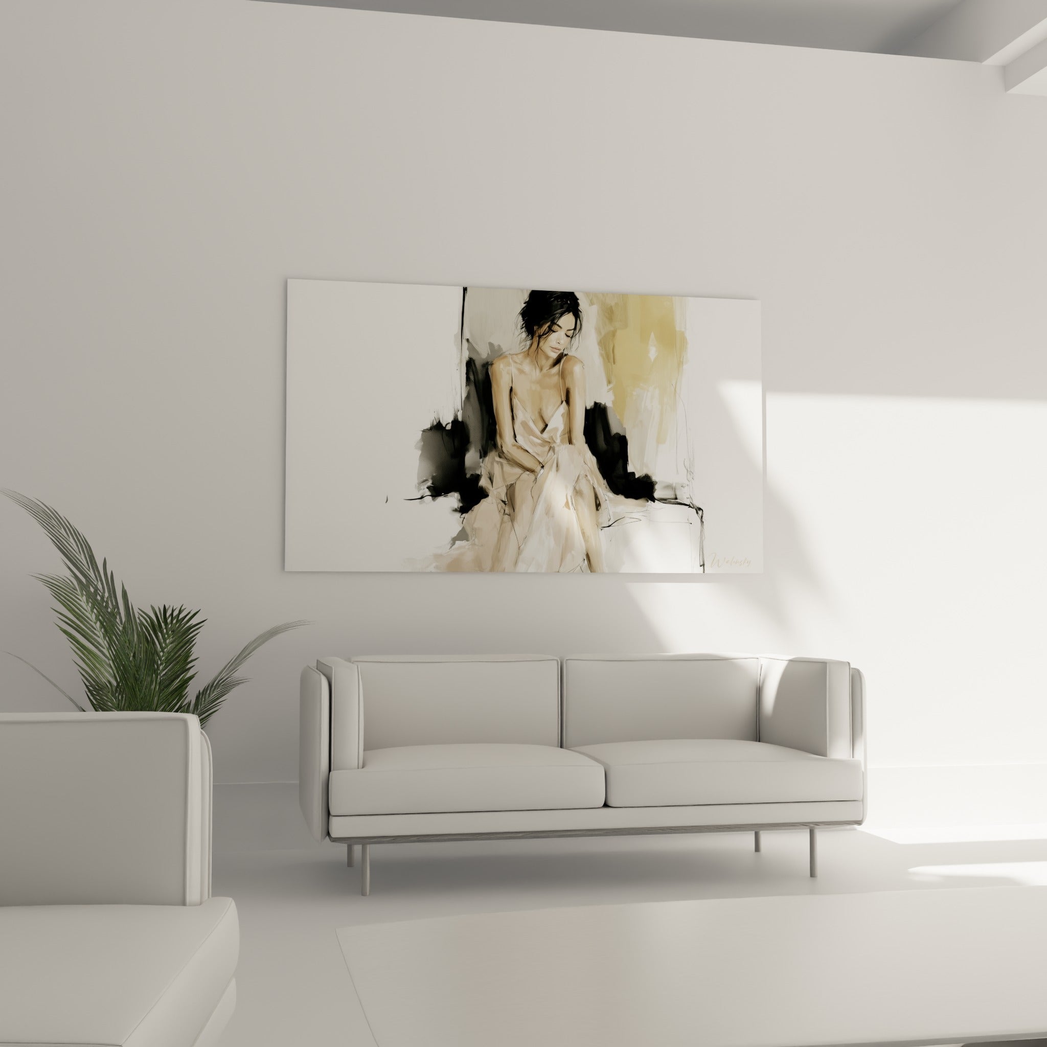 Portrait féminin esquissé aux tons beige et anthracite, au-dessus d'un canapé dans un salon lumineux