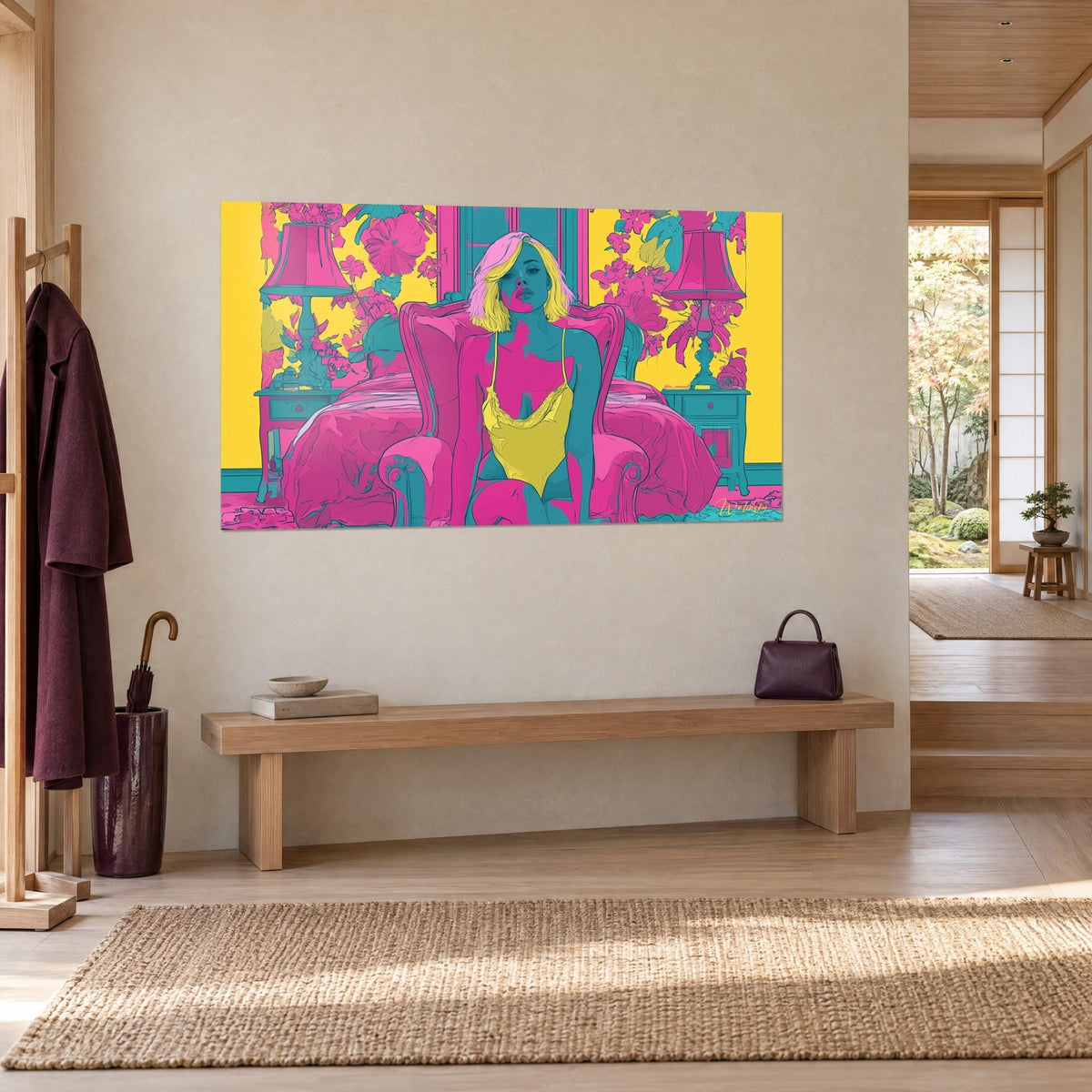 Quadro di una pin-up seduta in body giallo limone davanti a un letto fucsia, lampade turchesi, appeso vicino a una panca in legno chiaro