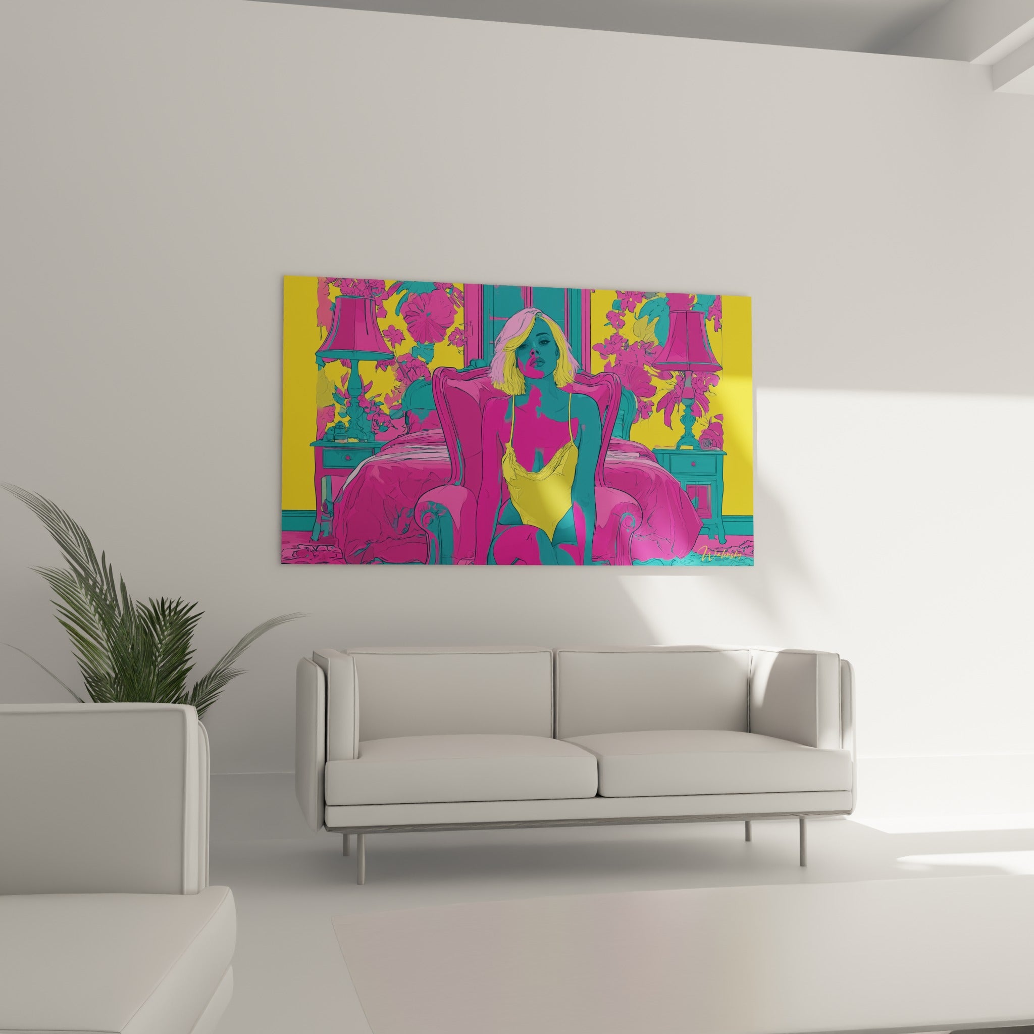 Portrait pop art aux teintes fuchsia et turquoise accroché au-dessus d'un canapé dans un salon lumineux