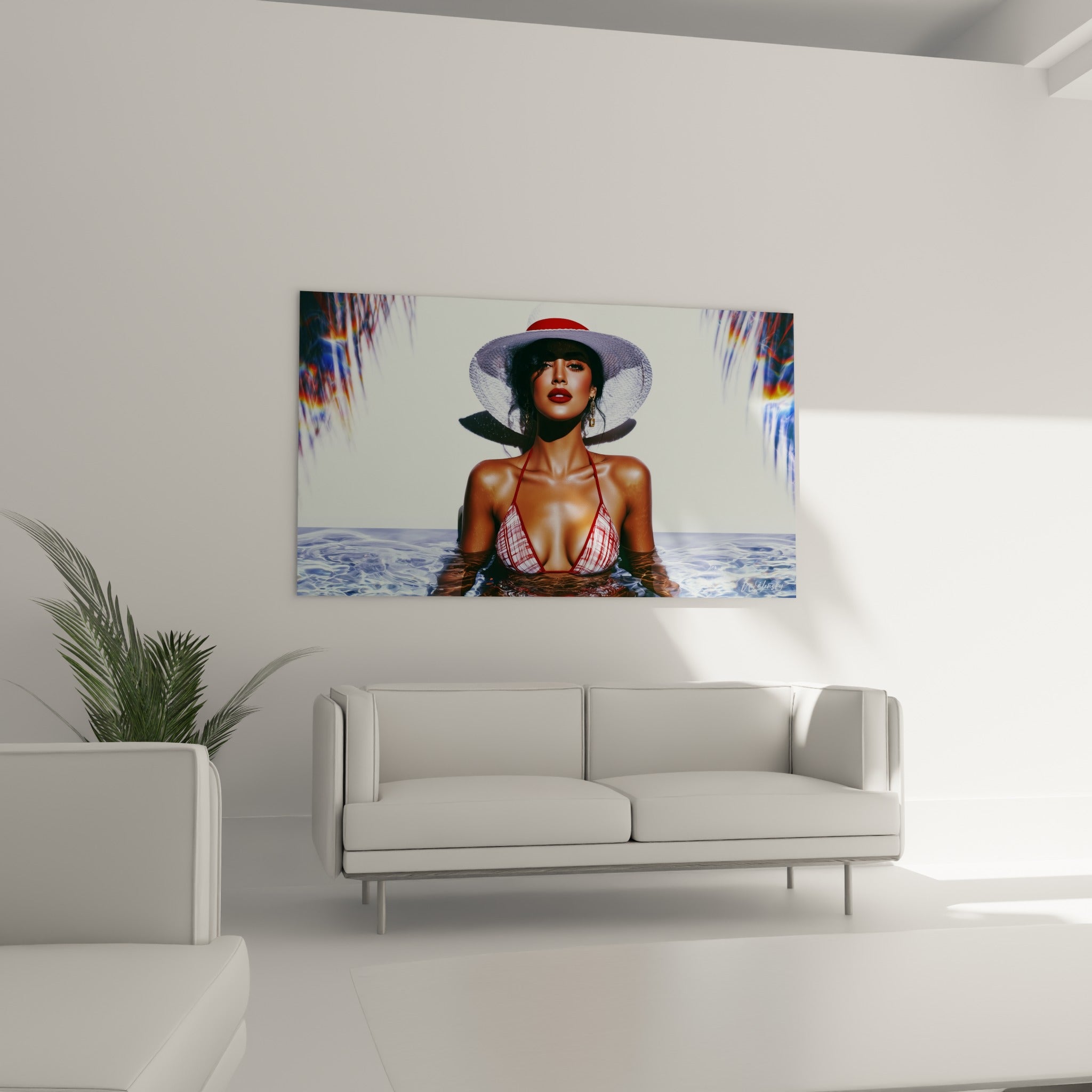Portrait glamour d'une femme en bikini rouge, eau turquoise ondulante, au-dessus d'un canapé dans un salon lumineux
