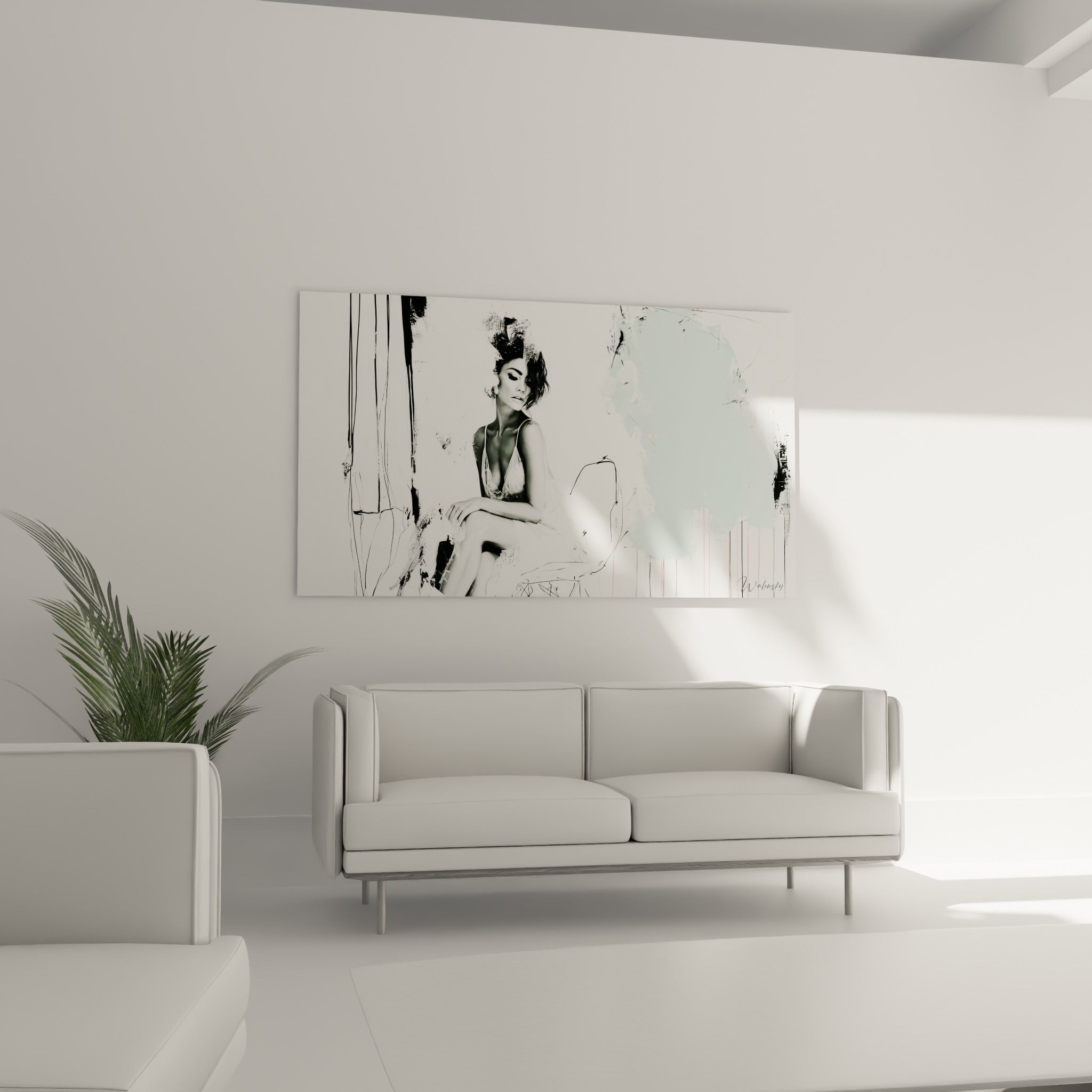 Portrait de femme assise mêlant photographie et esquisse noire, au-dessus d'un canapé dans un salon lumineux