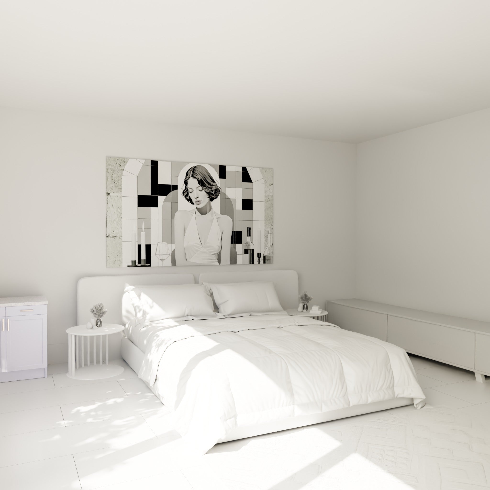 Silhouette féminine en robe blanche sur fond gris et noir, accrochée au-dessus d'un lit dans une chambre claire