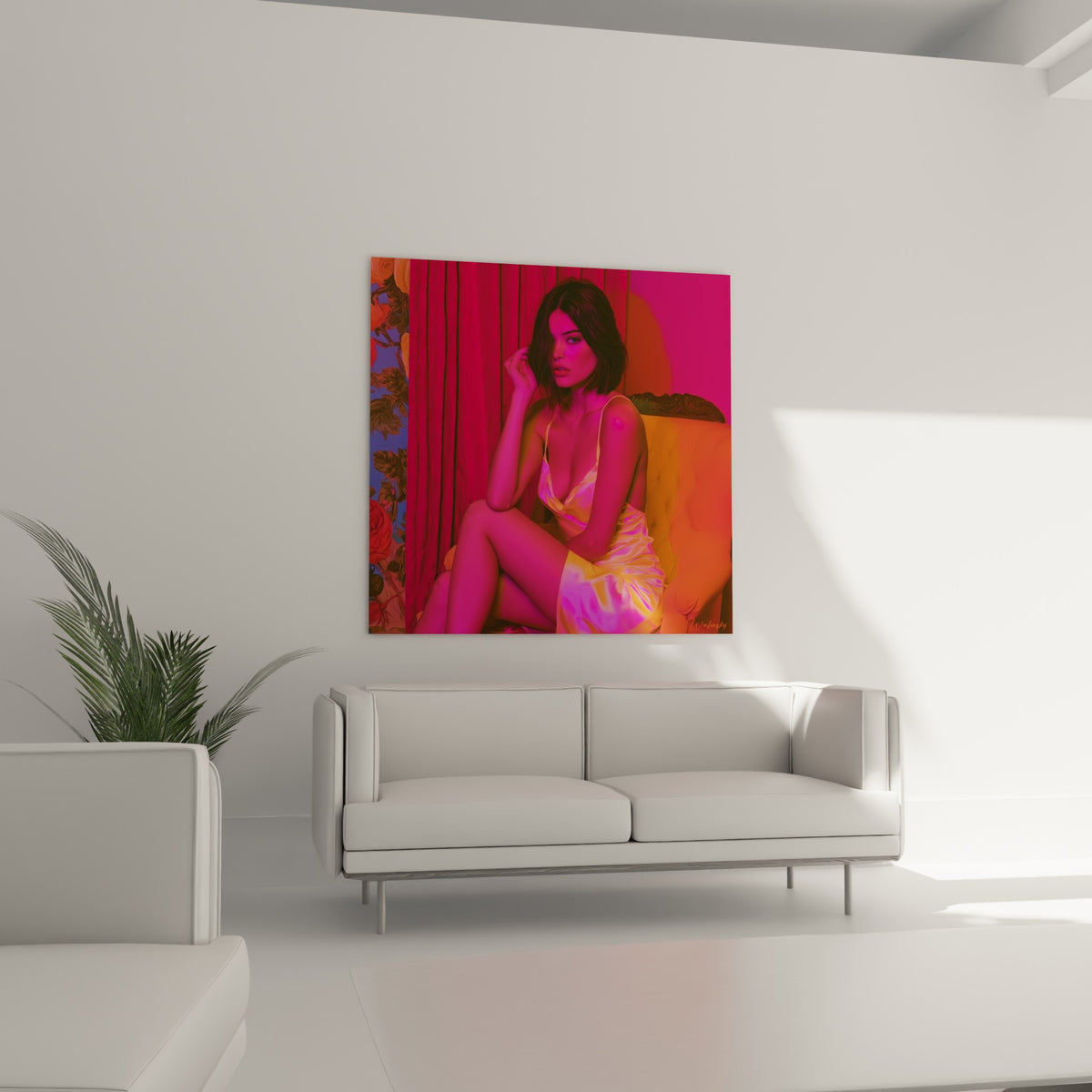 Portrait sensuel aux teintes rose fuchsia et orange, au-dessus d'un canapé dans un salon lumineux