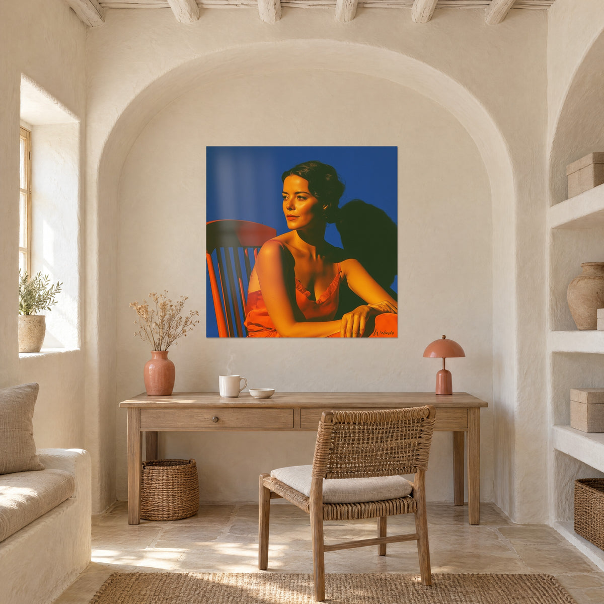 Tableau élégante en lingerie de soie orangée, ombre portée sombre sur azur, accroché sous une arche blanche au-dessus d'un bureau