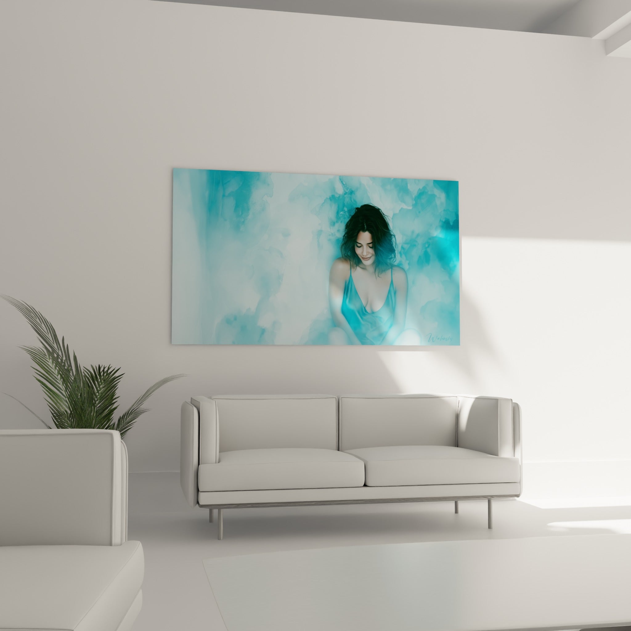 Portrait féminin sensuel en bleu pastel et anthracite, au-dessus d'un canapé dans un salon lumineux