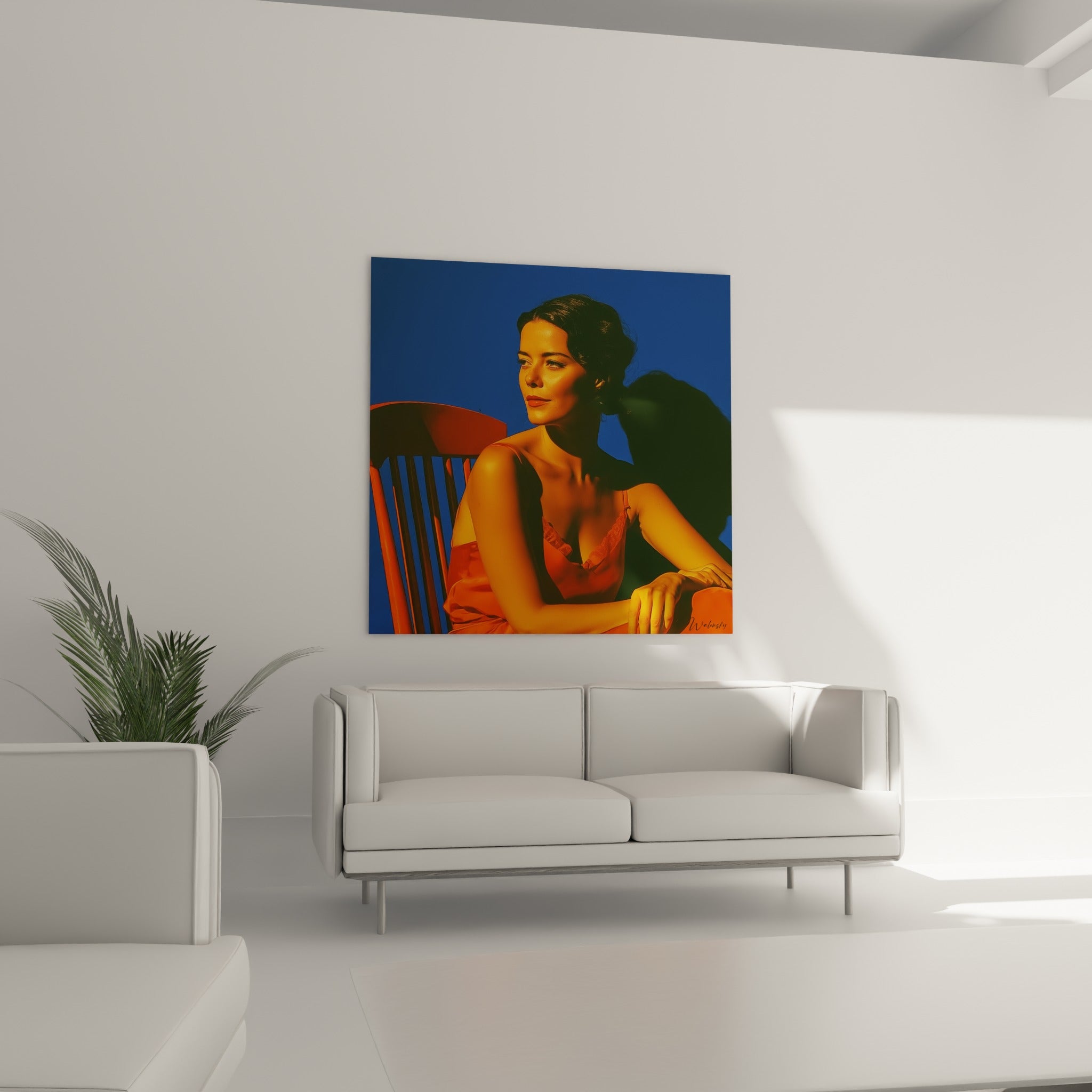 Portrait sensuel aux tons orange et bleu marine d'une femme pensive, placé au-dessus d'un canapé dans un salon lumineux