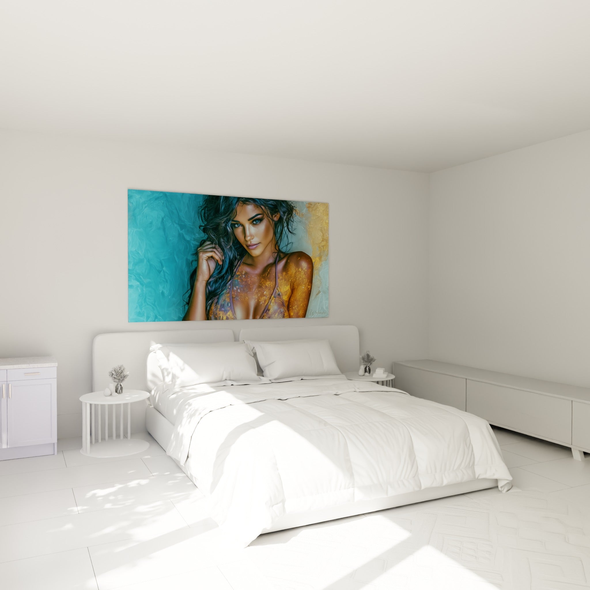 Portrait sensuel aux teintes turquoise et dorées accroché au-dessus d'un lit dans une chambre claire