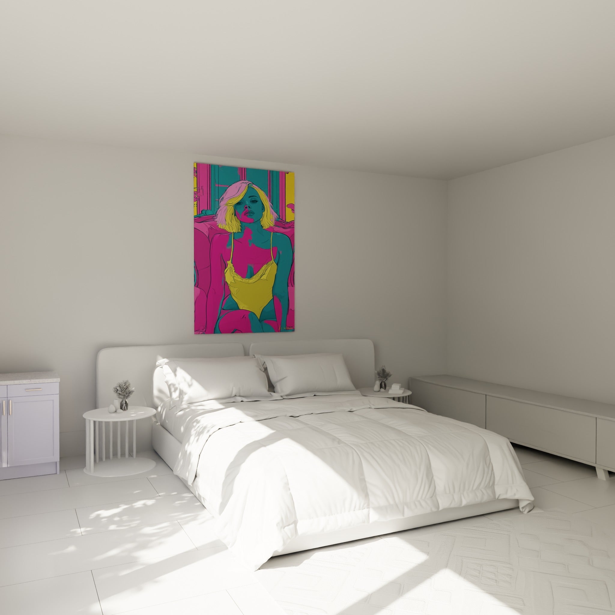 Portrait pop art d'une femme en jaune et fuchsia, accroché au-dessus d'un lit dans une chambre claire