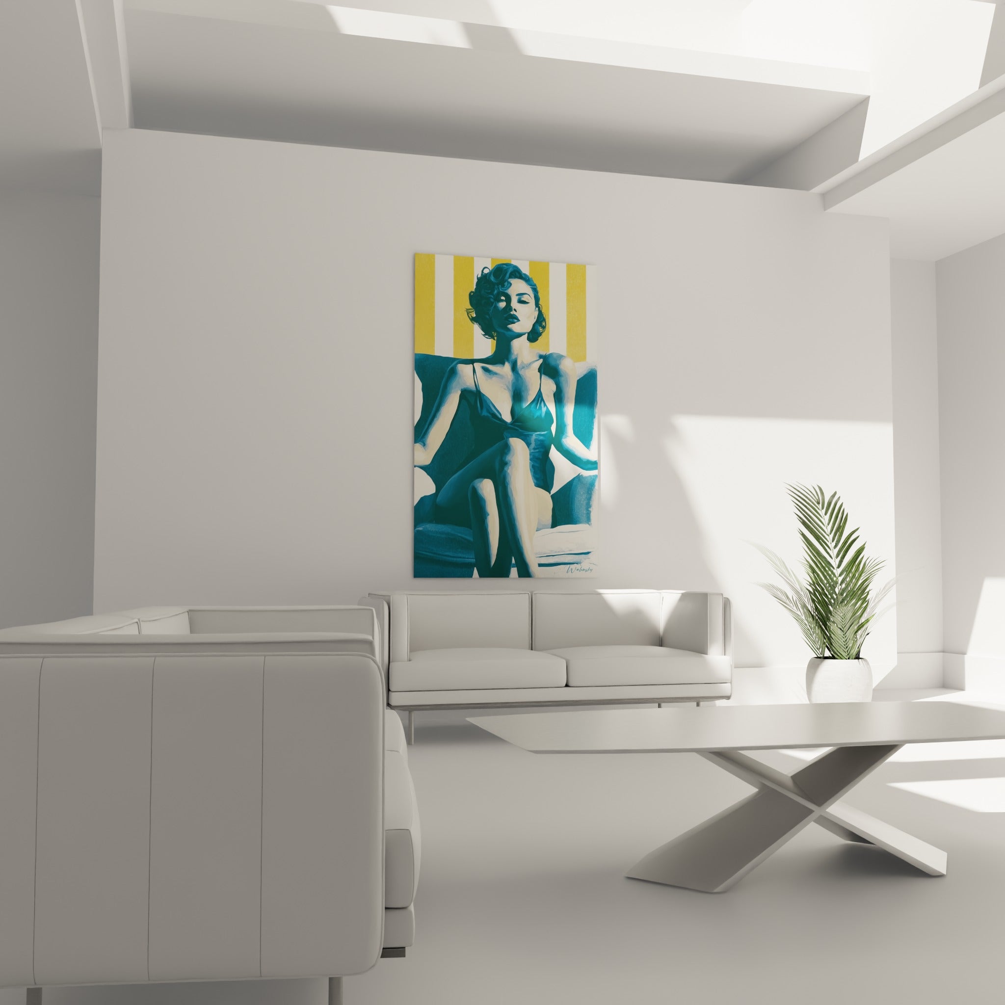 Pose nonchalante aux teintes bleu pétrole et jaune, œuvre suspendue au-dessus d'un canapé dans un salon lumineux