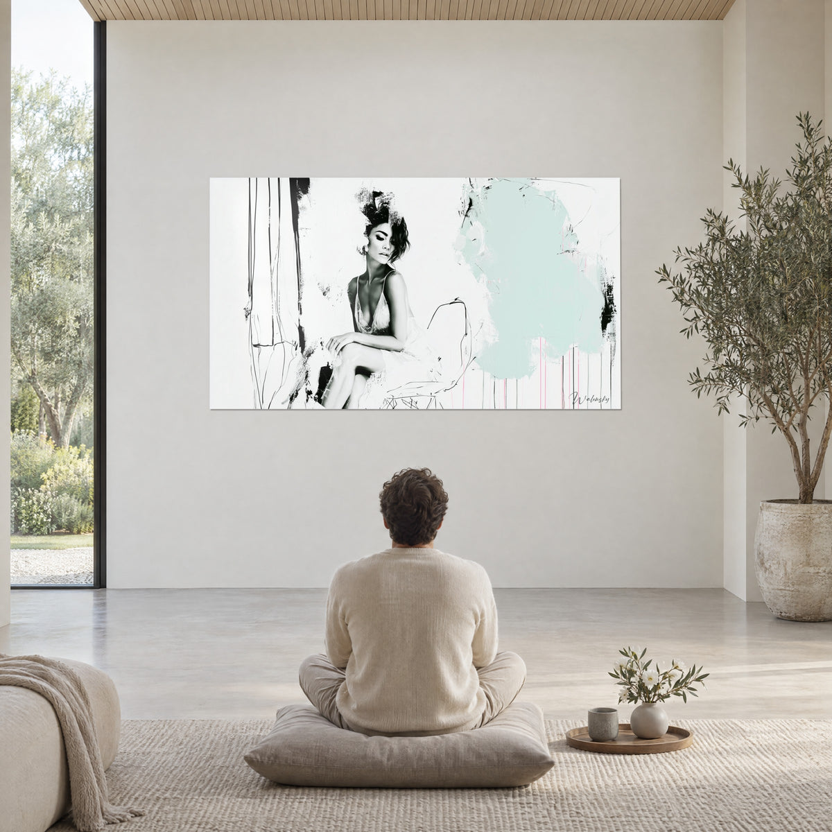 Schilderij van een elegante zittende vrouw met halfgesloten ogen, zeegroene spatten en zwarte strepen, tegenover een persoon met de rug naar de kijker op een meditatiekussen