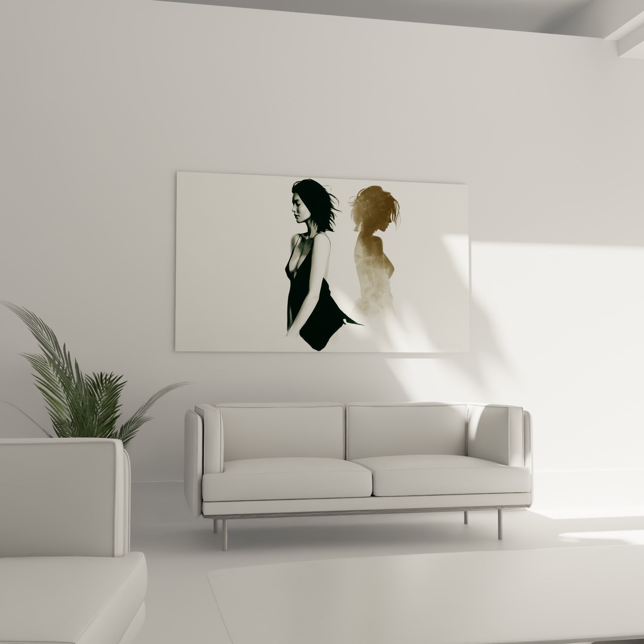 Profil féminin en robe noire fluide et reflet doré, suspendu au-dessus d'un canapé dans un salon lumineux