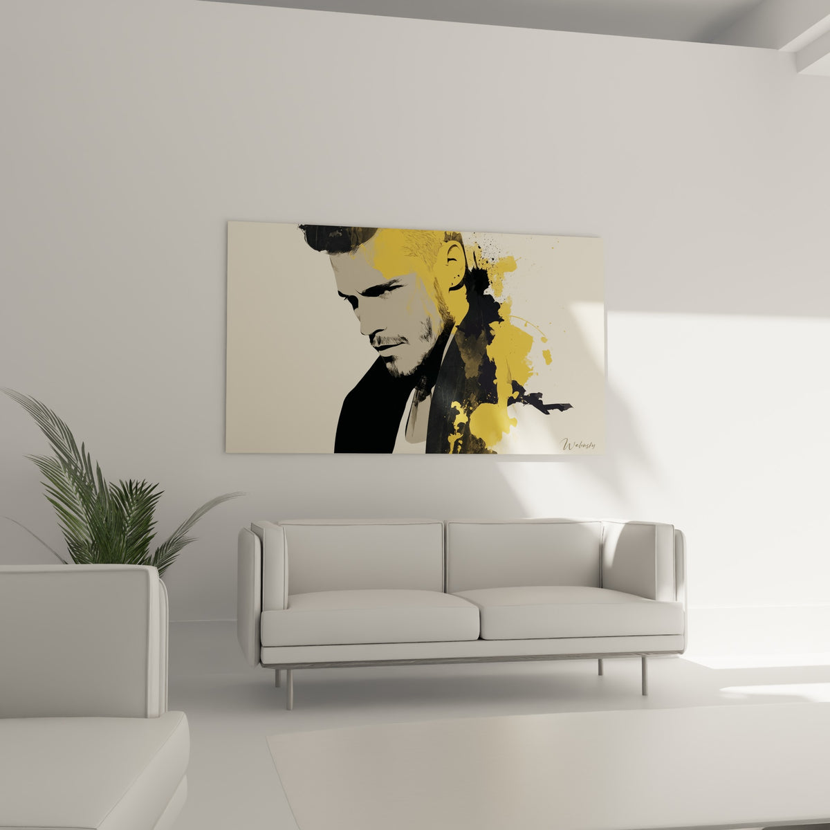 Silhouette d'homme pensif entre noir profond et jaune moutarde, au-dessus d'un canapé dans un salon lumineux