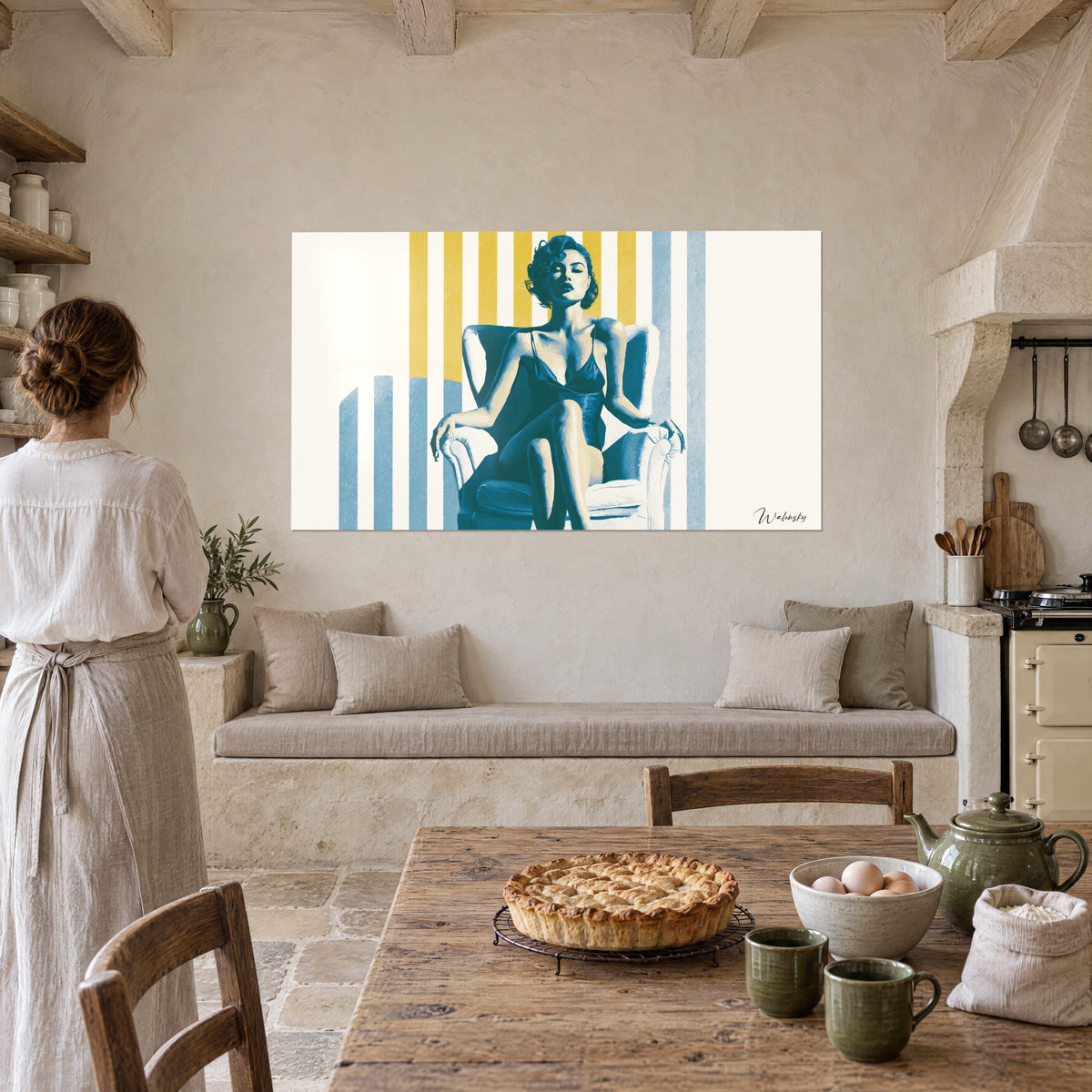 Wall art retro diva in a cream armchair, deep blue shadows, sunny yellow bands, on a beige wall beside a kitchen table