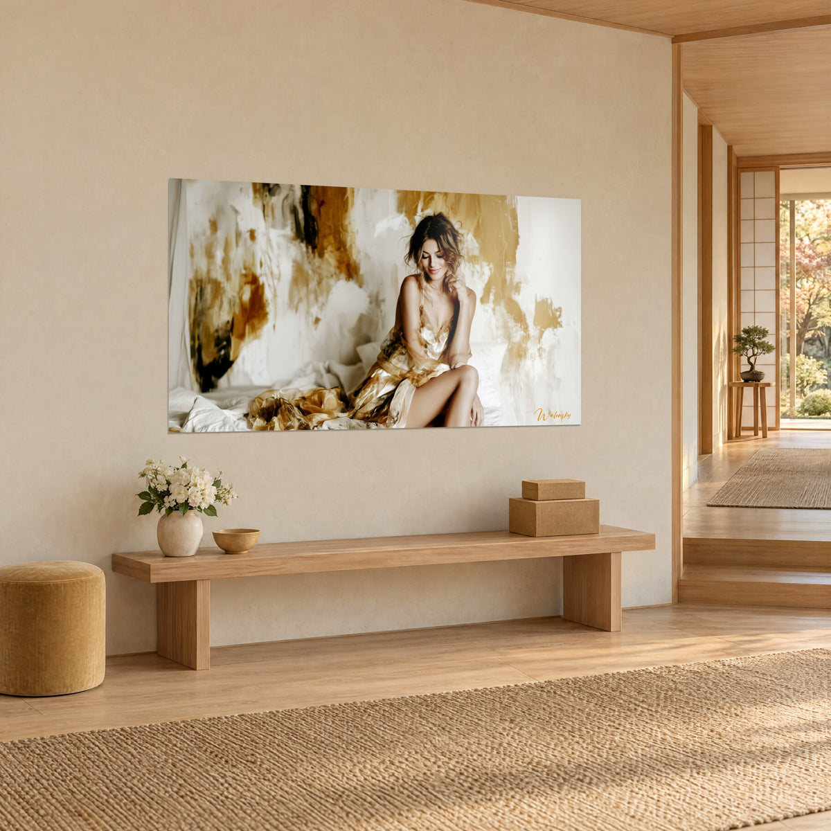 Schilderij van een glimlachende schoonheid met gesloten ogen, doorschijnende gouden stof op een wit bed, oker- en zwarte penseelstreken, schuine blik op een beige muur