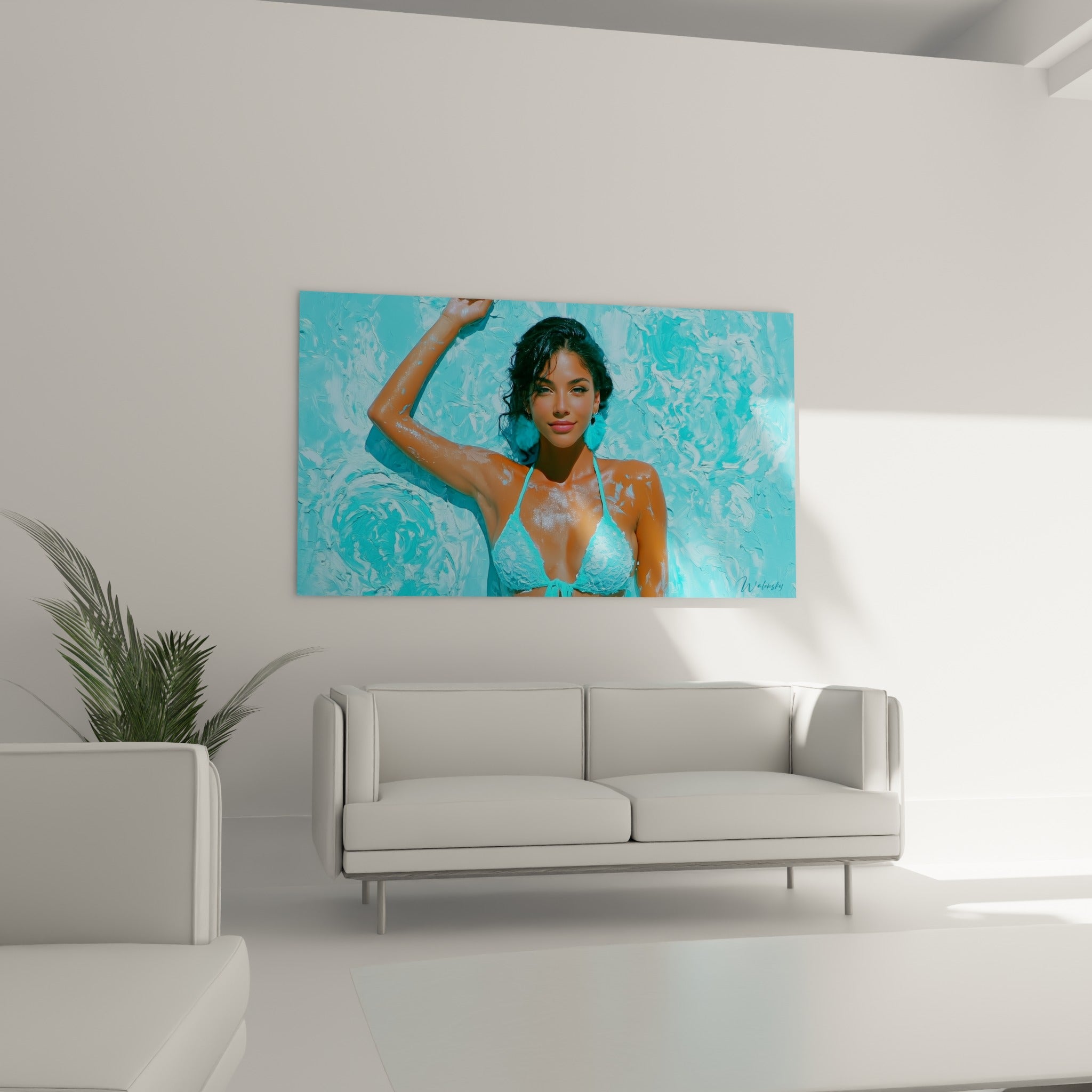 Regard assuré bikini turquoise boucles d'oreilles pompon au-dessus d'un canapé dans un salon lumineux