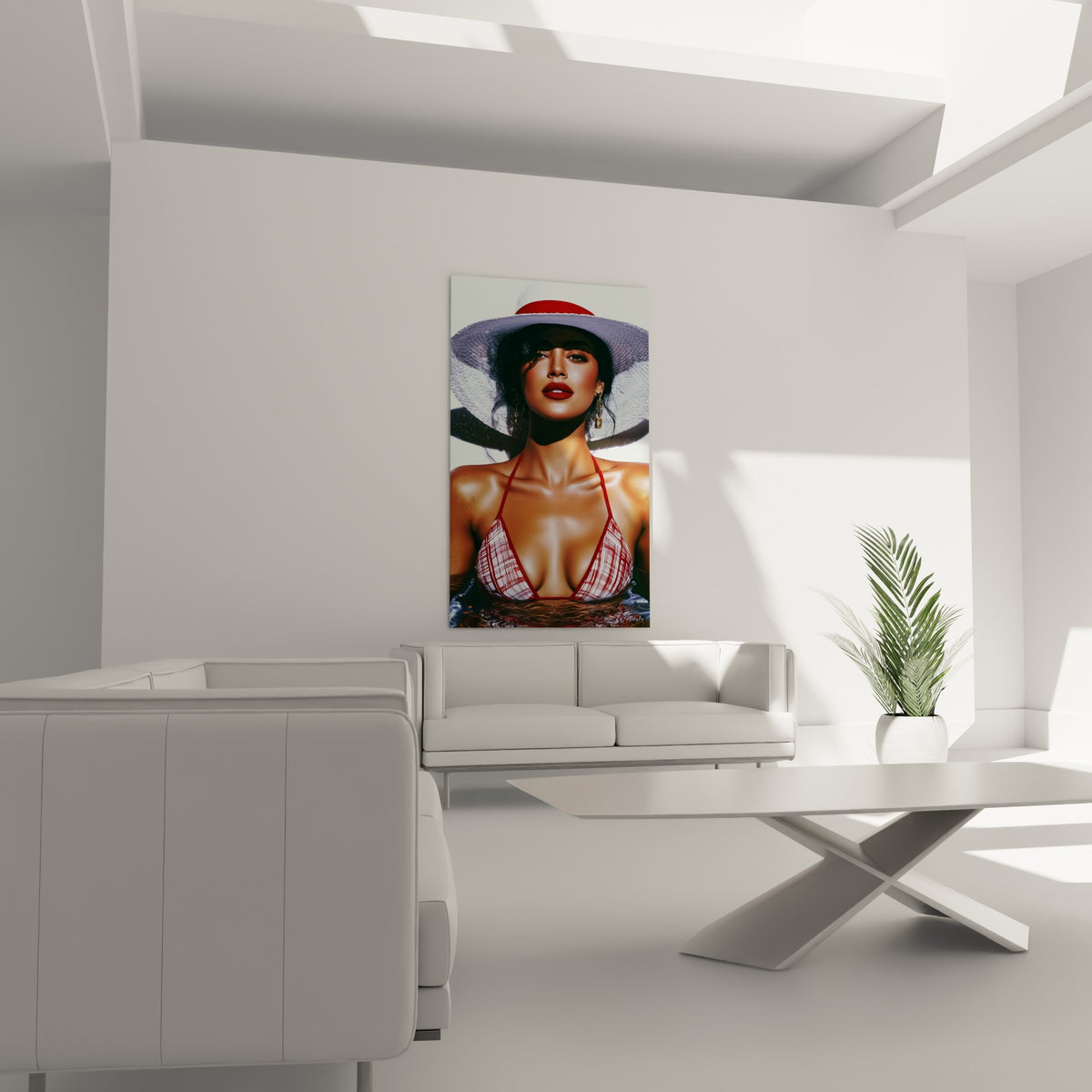 Regard captivant sous large chapeau blanc, peau cuivrée et bretelles rouges, au-dessus d'un canapé dans un salon lumineux
