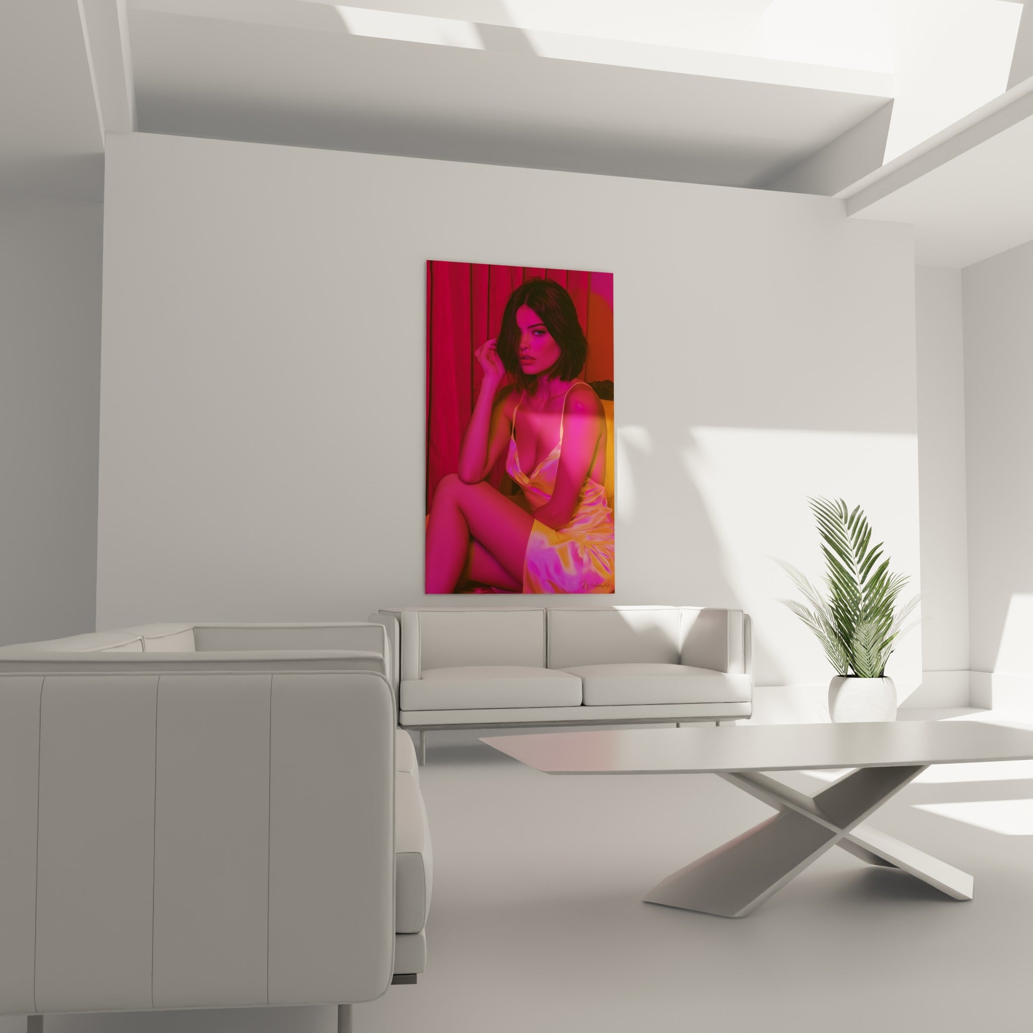 Regard captivant sous une lumière rose et orangé vif, suspendu au-dessus d'un canapé dans un salon lumineux