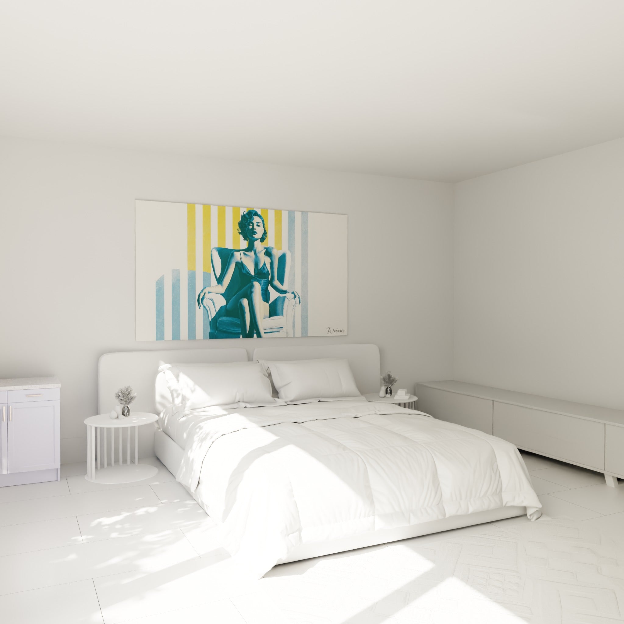 Silhouette bleu marine et jaune moutarde d'une femme accoudée, au-dessus d'un lit dans une chambre claire