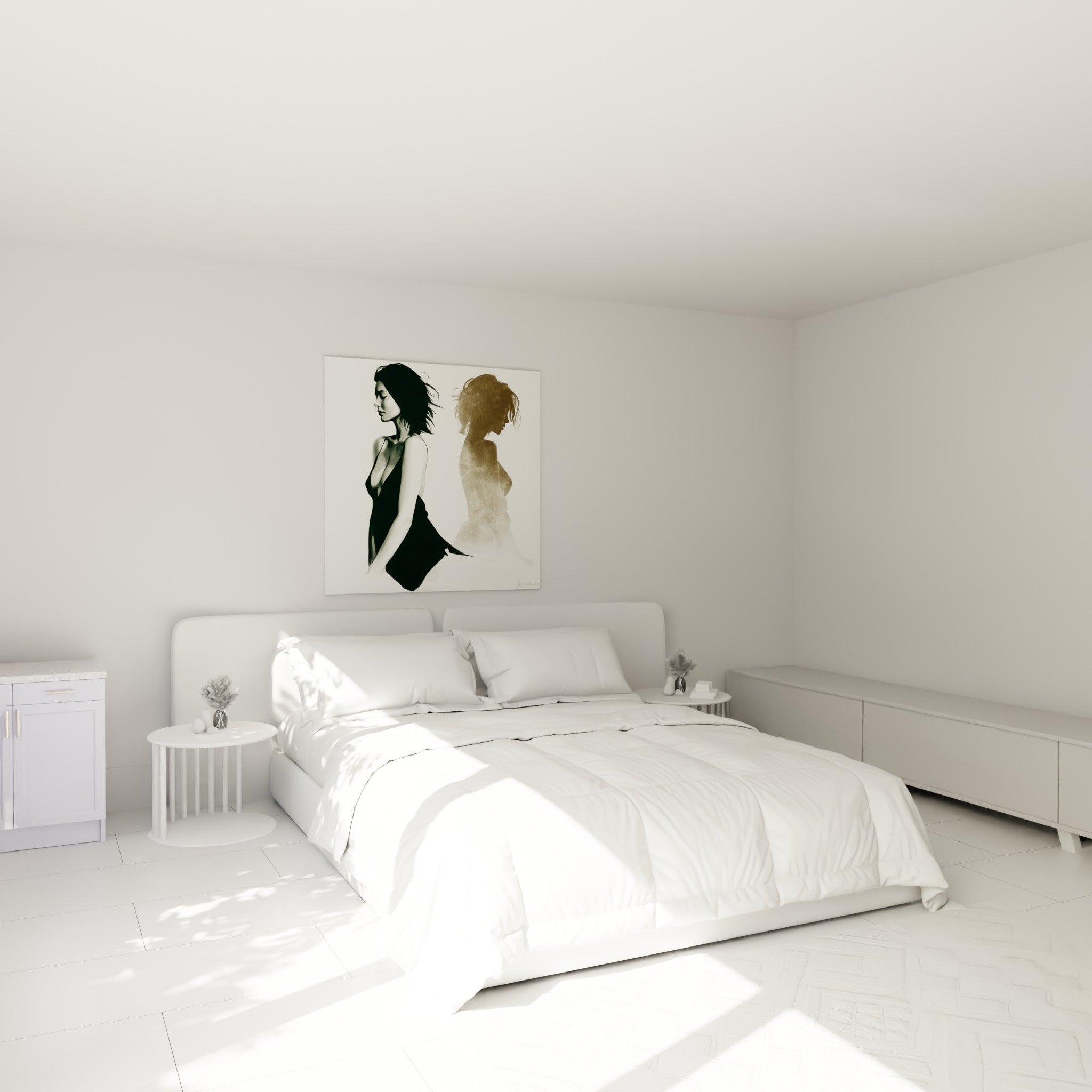 Silhouette anthracite et ocre en double portrait accrochée au-dessus d'un lit dans une chambre claire