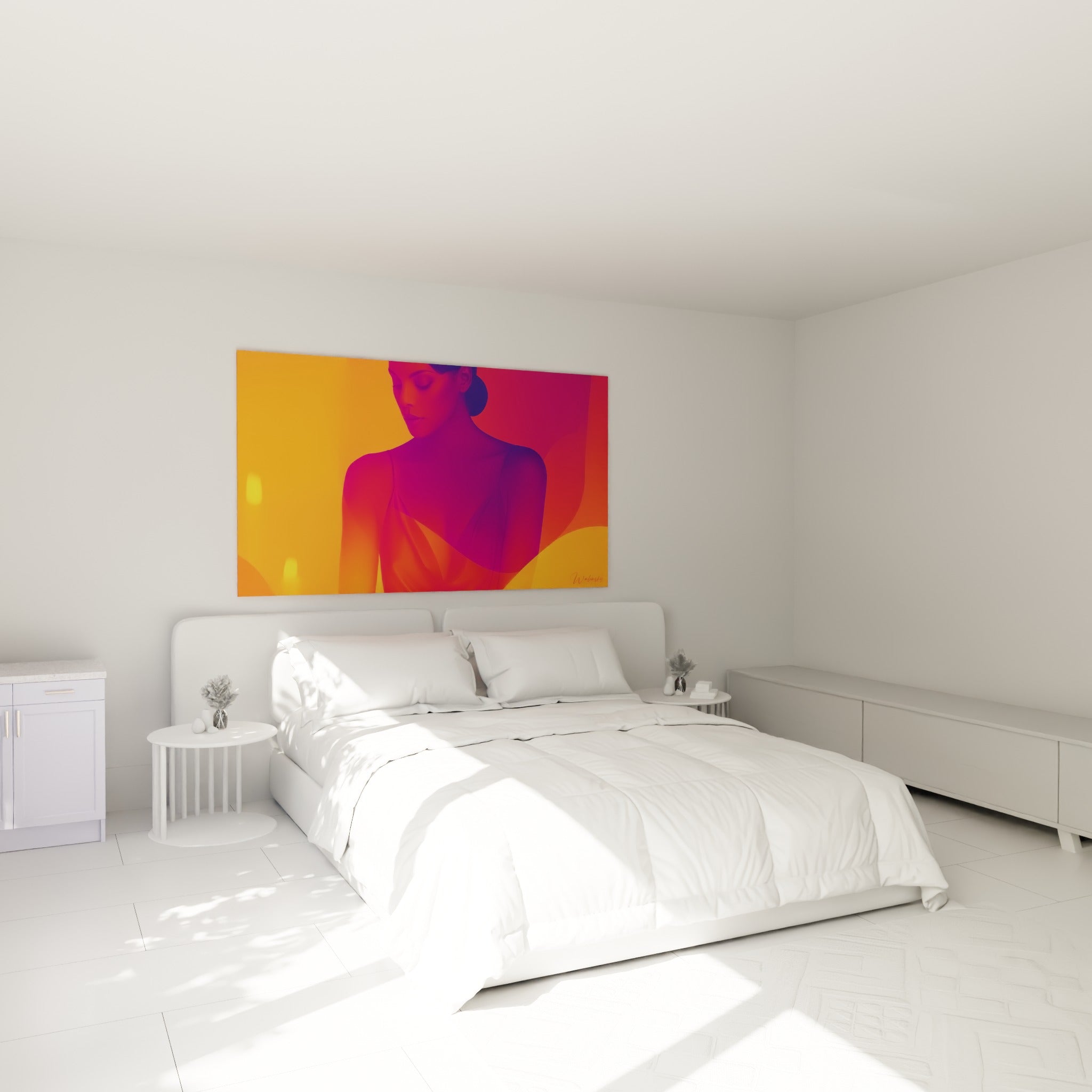 Femme aux yeux clos, robe orange vif et ombres pourpres, au-dessus d'un lit dans une chambre claire