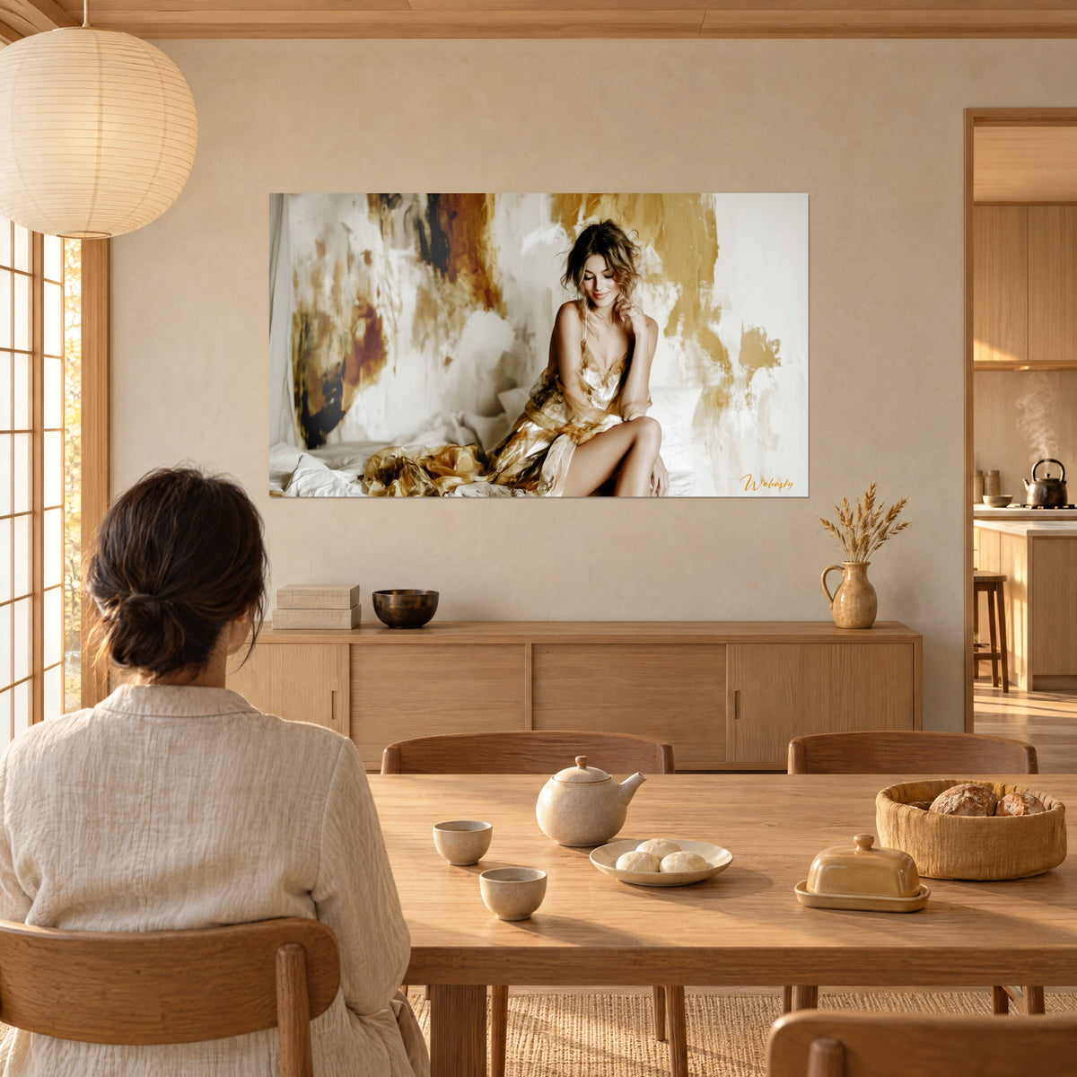 Schilderij van een vrouwelijk portret van een moment van gratie, amberkleurig satijn, muren in goud en ivoor geschilderd, een vrouw van achteren aan tafel in een eetkamer van licht hout