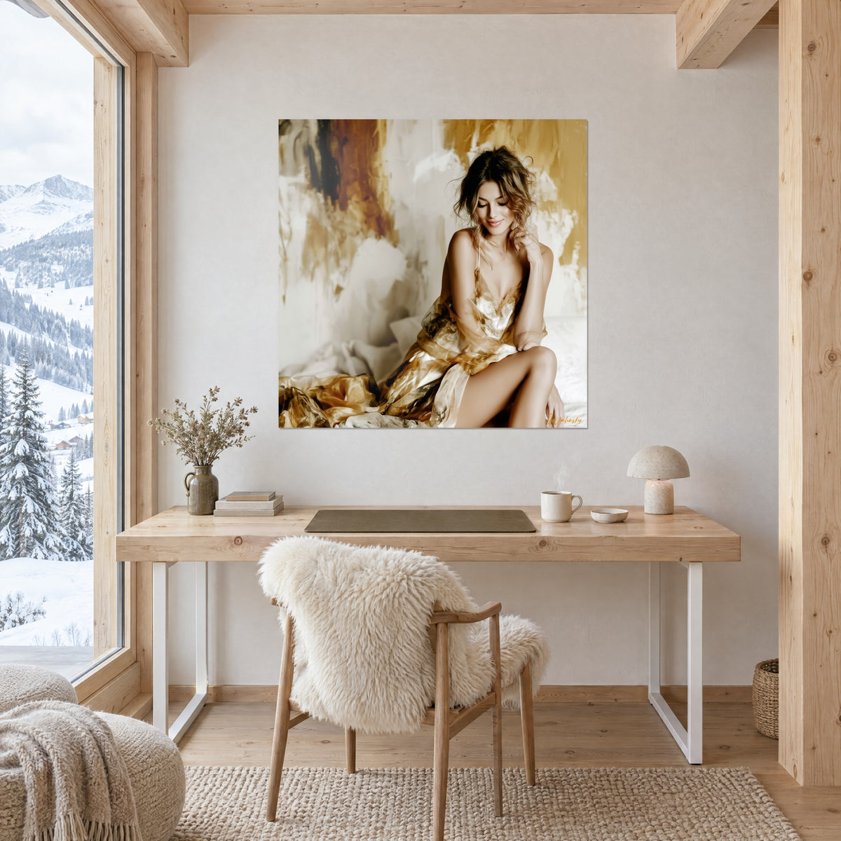 Schilderij zittende silhouet in parelmoerkleurig satijn, hand op de hals, okerkleurige en gebroken witte vlekken, tegenover een bureau van licht hout