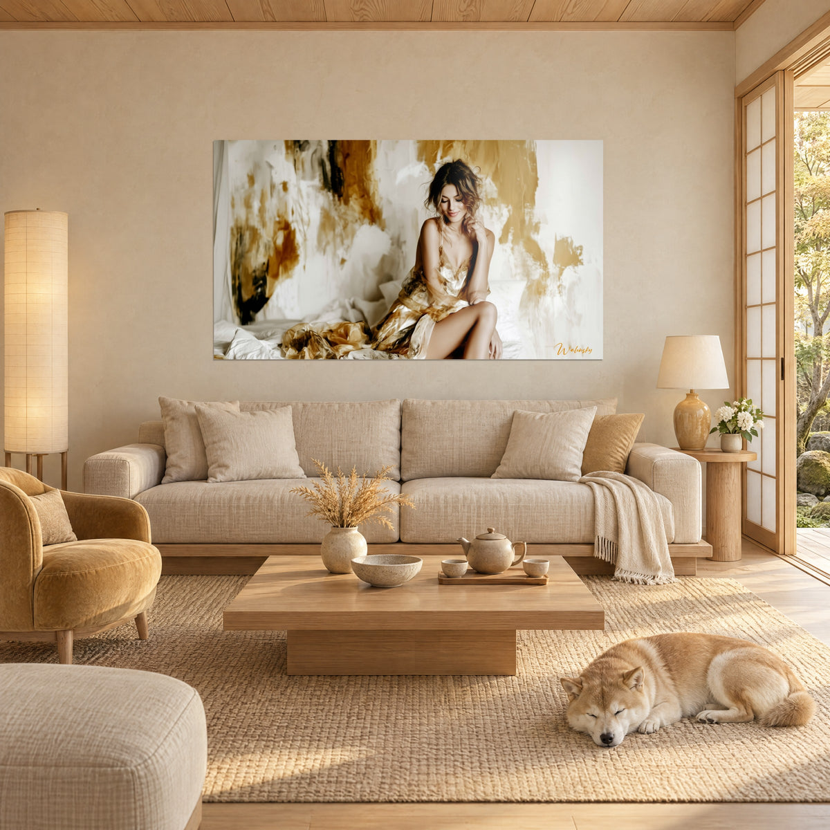 Schilderij van een jonge vrouw in een gouden satijnen jurk, bruine plukjes en abstracte okerkleurige achtergrond, boven een bank in een lichte woonkamer met een slapende Shiba
