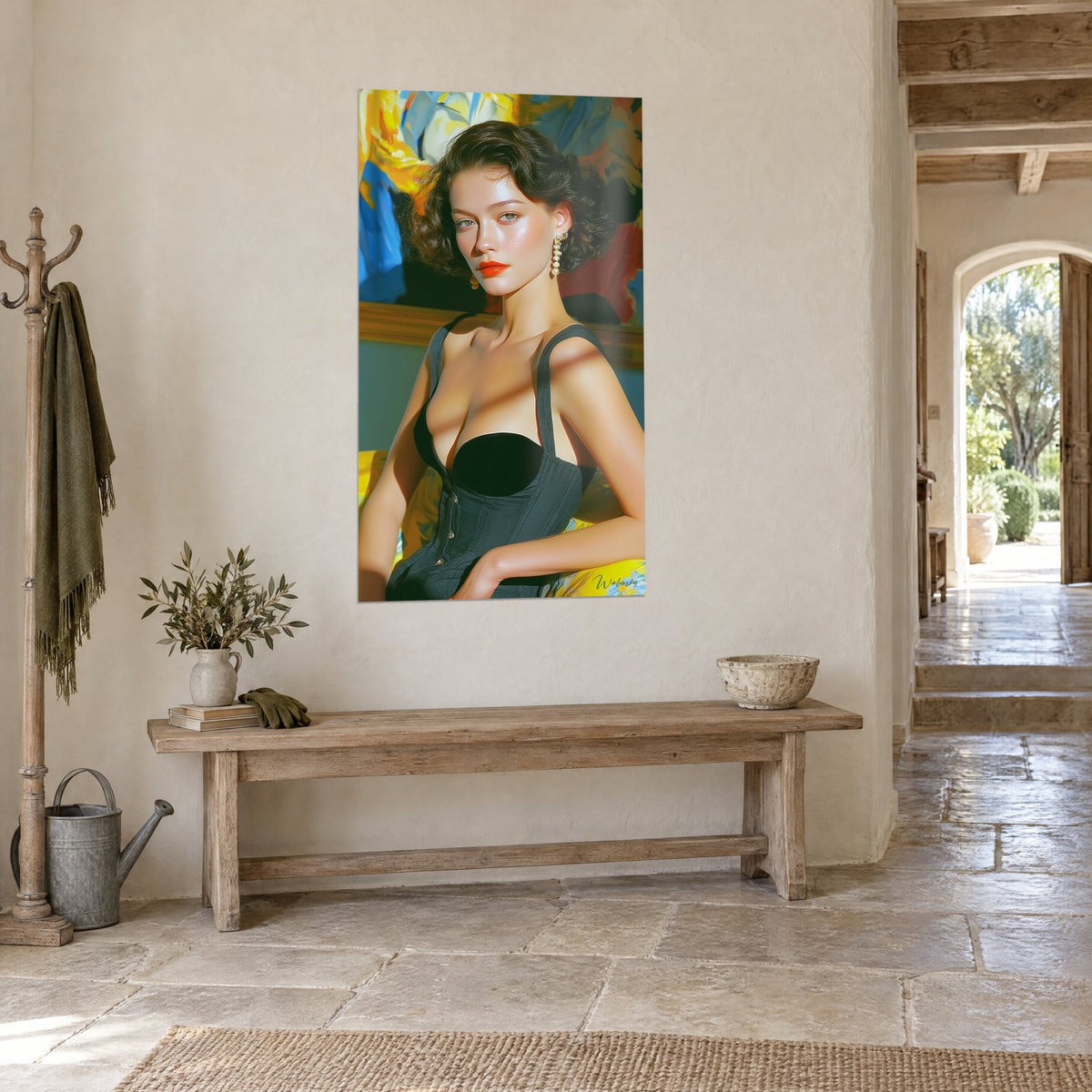 Cuadro joven con labios coral, bustier negro abotonado sobre fondo abstracto amarillo y azul, vista de tres cuartos, casa de piedra