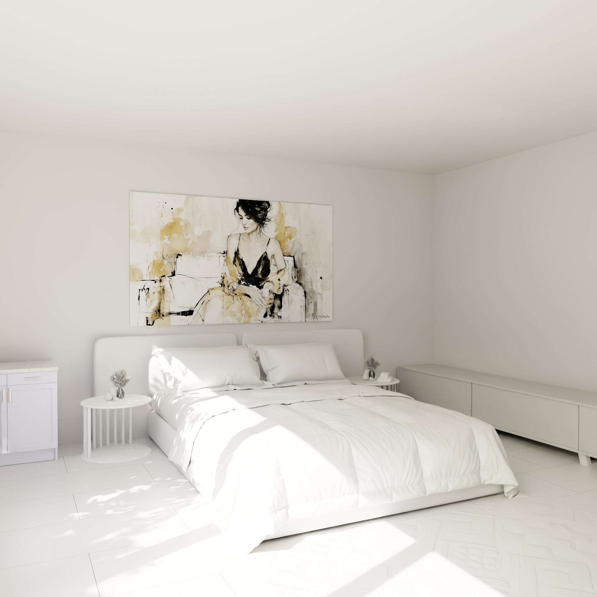 Silhouette féminine noire et dorée au-dessus d'un lit dans une chambre claire