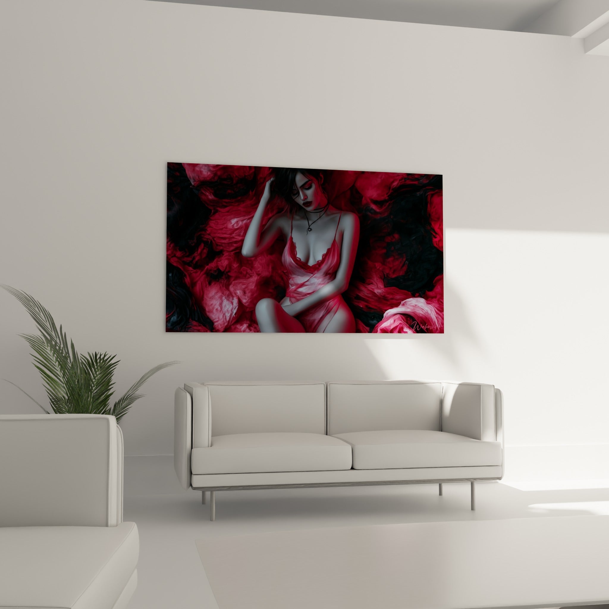 Figure sensuelle enveloppée de fumée rouge et noire, lumière grise sur la peau, au-dessus d'un canapé dans un salon lumineux