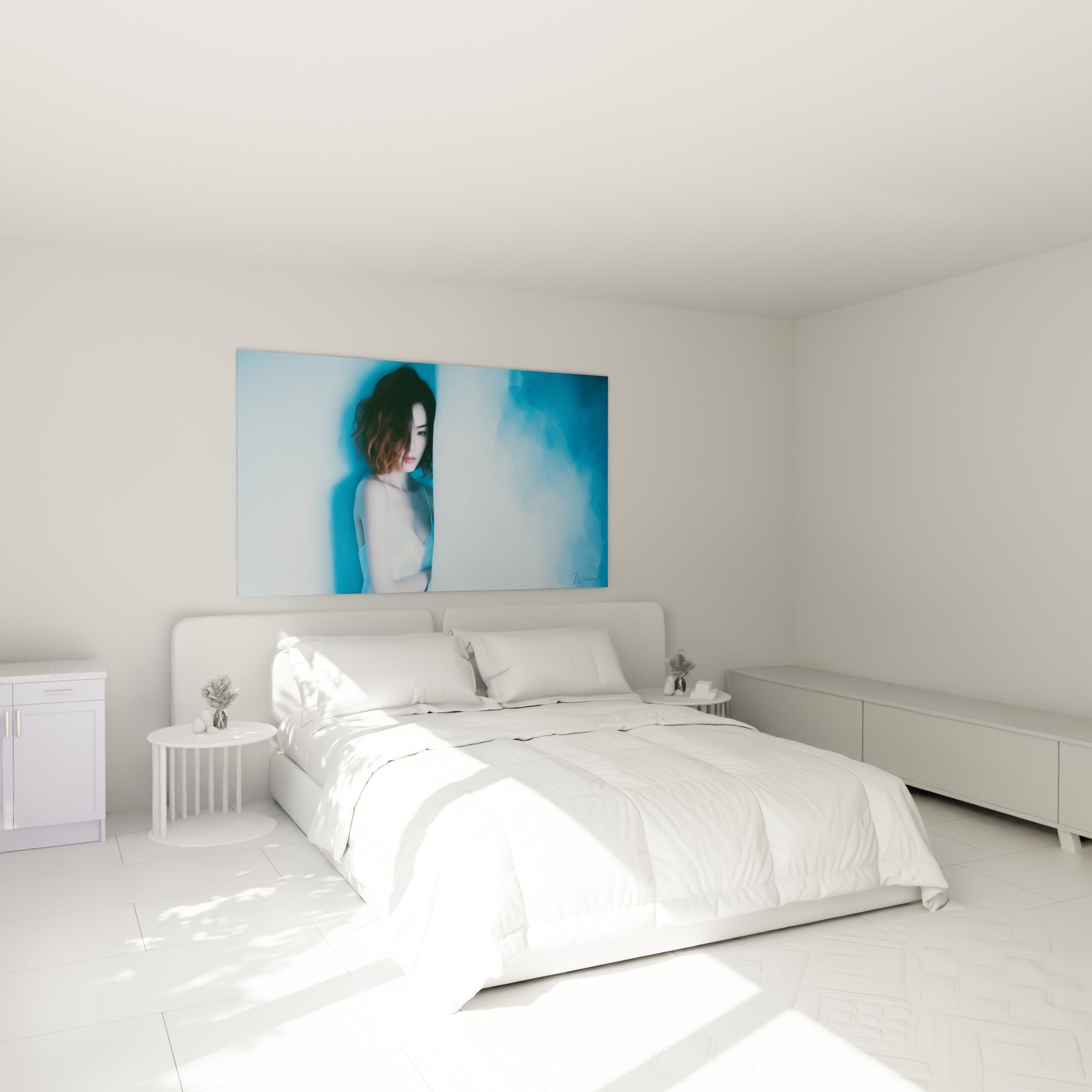Femme voilée aux teintes bleu ciel et blanc nacré, au-dessus d'un lit dans une chambre claire