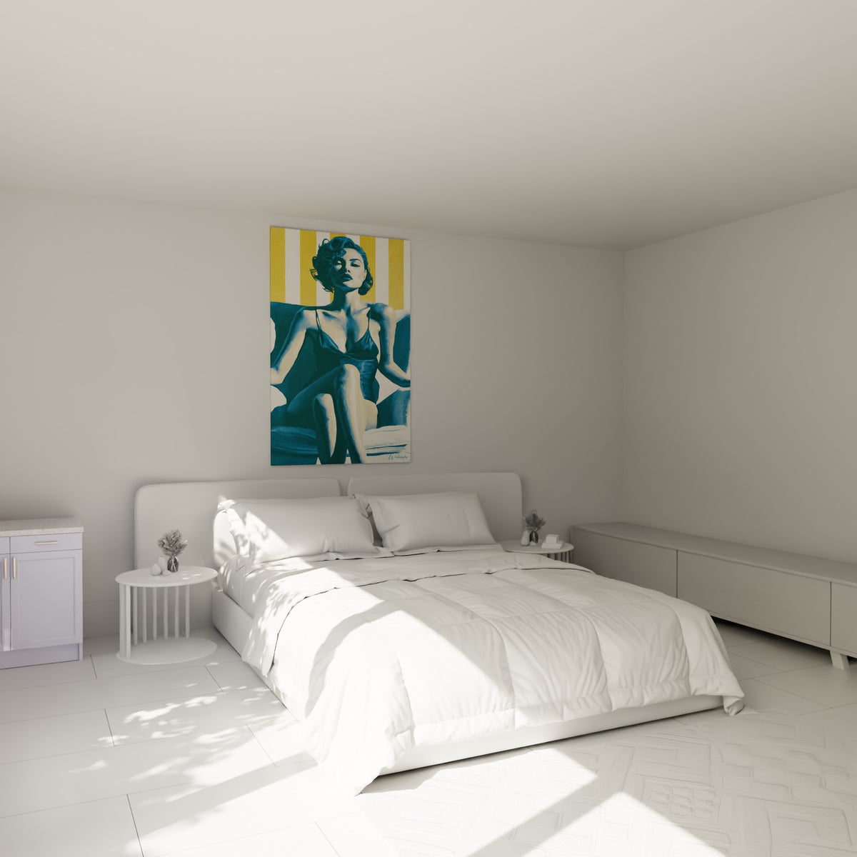 Silhouette alanguie en bleu marine et jaune ocre, tableau accroché au-dessus d'un lit dans une chambre claire