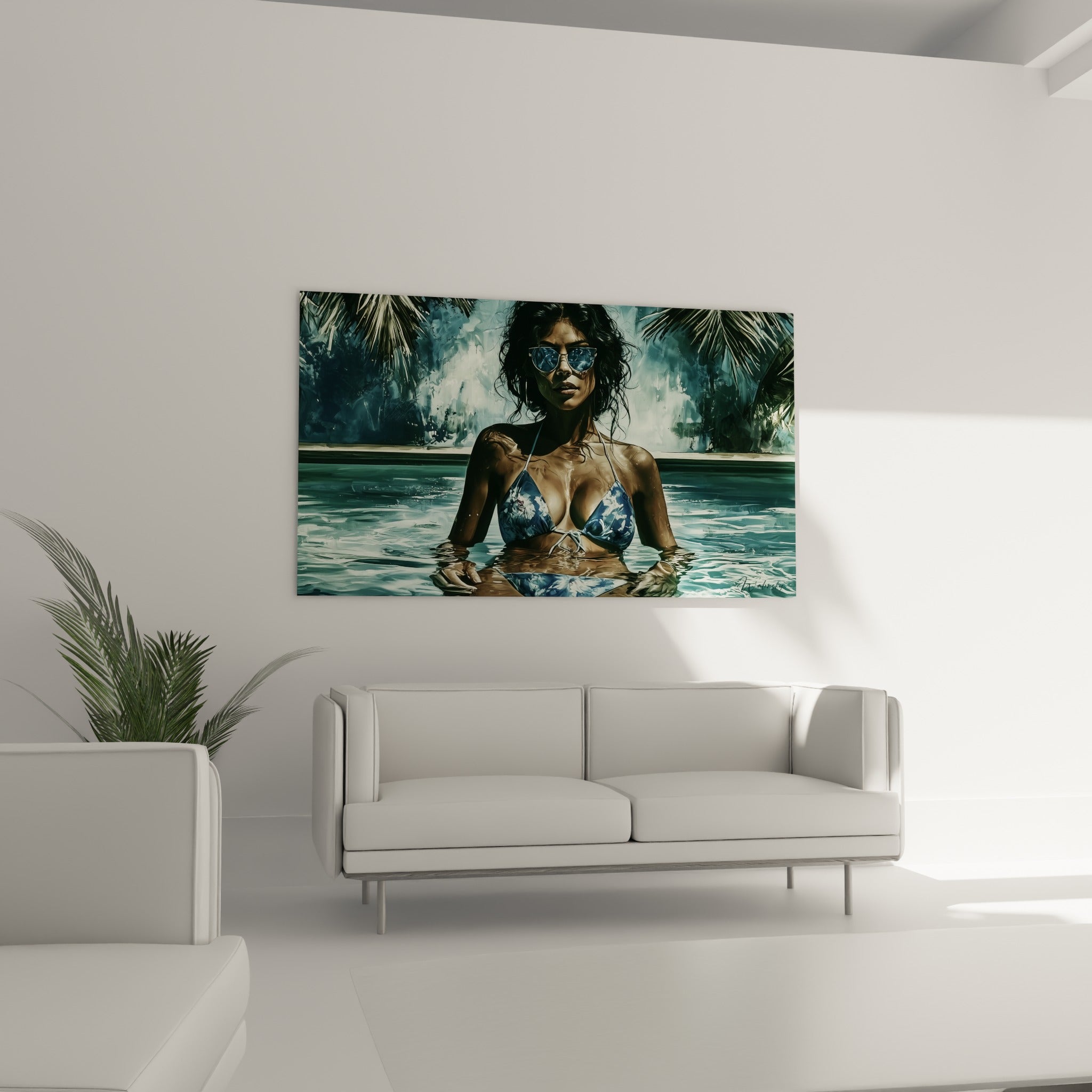 Silhouette bronzée émergeant d'une eau turquoise et anthracite, au-dessus d'un canapé dans un salon lumineux
