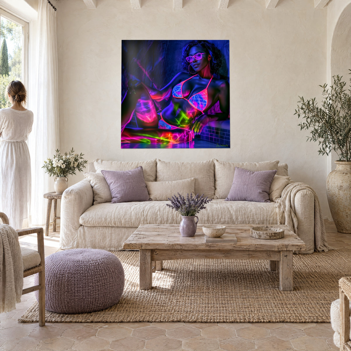 Wall art of a young woman in neon pink bikini, violet glasses, midnight blue walls, above a sofa in a bright living room