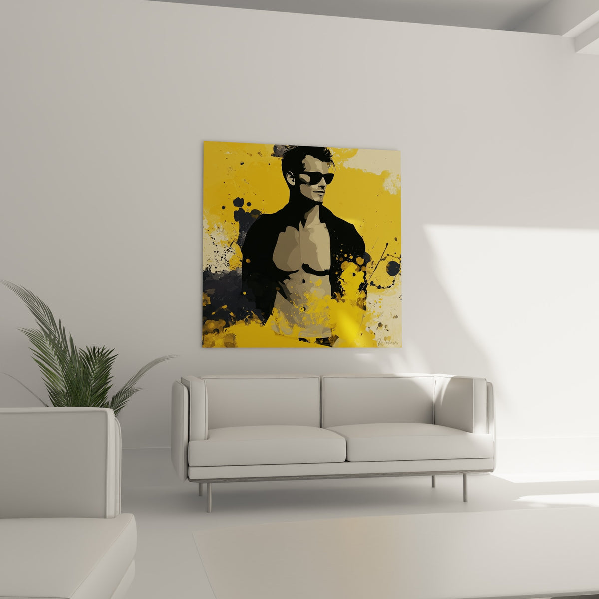 Portrait pop jaune vif et anthracite d'un homme torse nu, au-dessus d'un canapé dans un salon lumineux