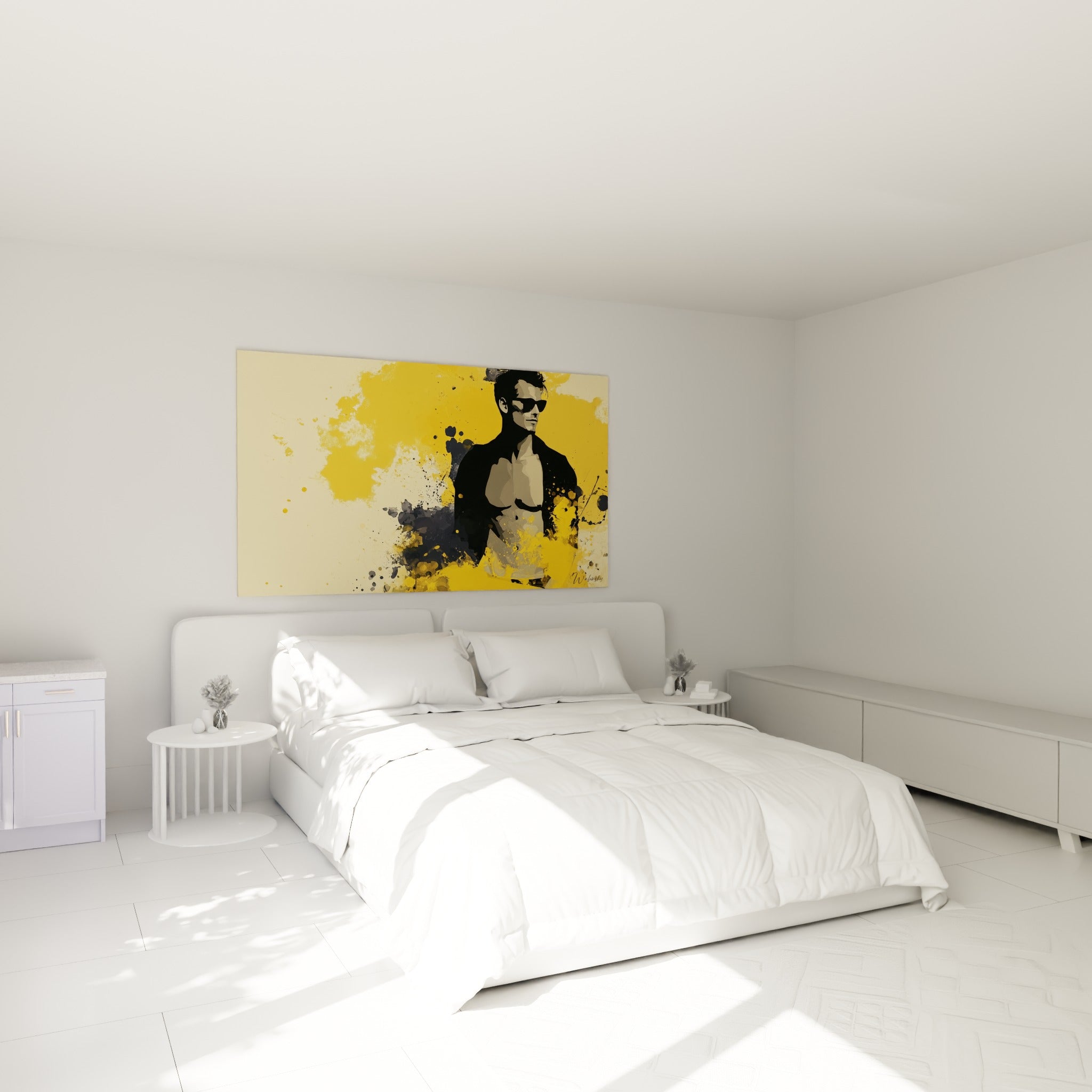 Silhouette masculine jaune et anthracite, torse dévoilé, accrochée au-dessus d'un lit dans une chambre claire