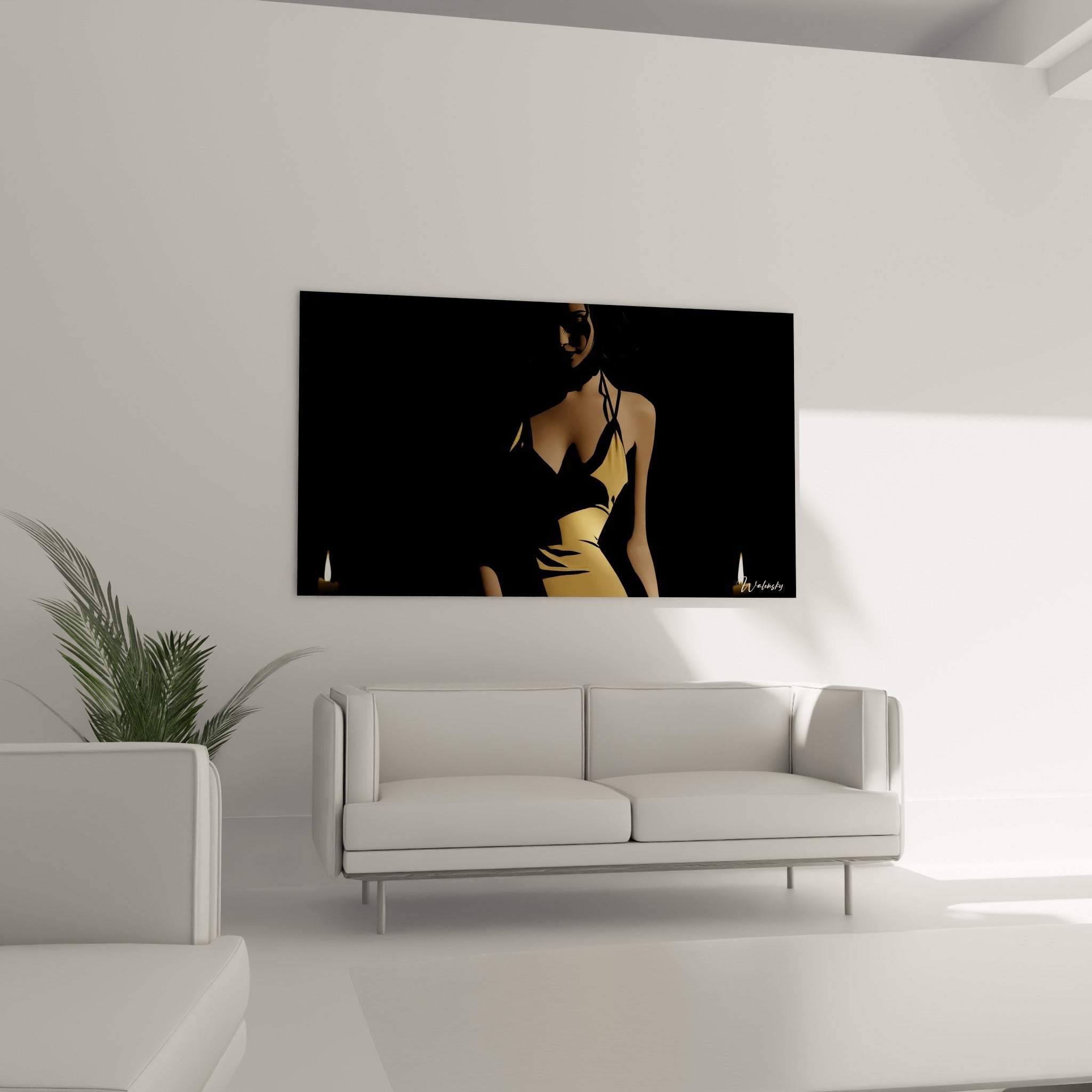 Élégance nocturne dorée et noire sur toile, au-dessus d'un canapé dans un salon lumineux