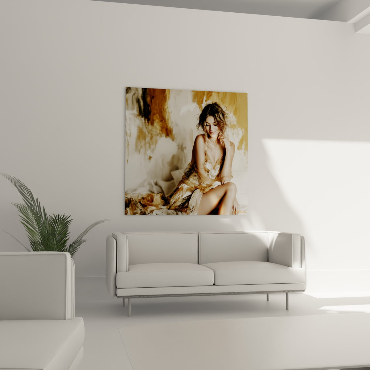 Jeune femme vêtue de satin ocre et ivoire, cheveux ondulés, au-dessus d'un canapé dans un salon lumineux