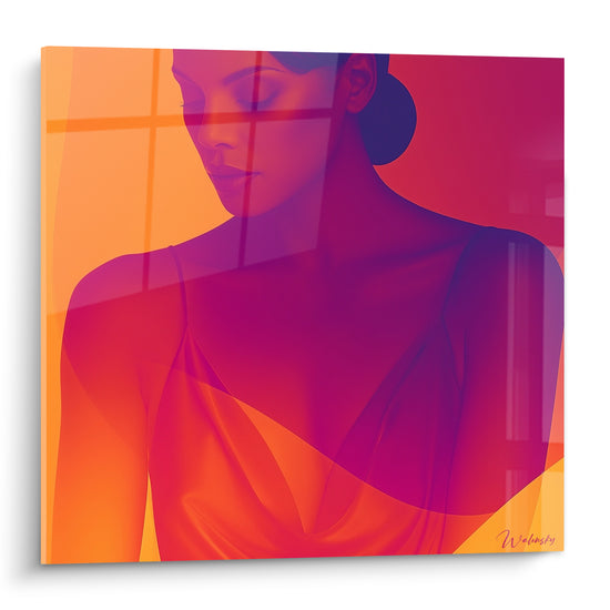 Silhouette féminine aux tons orange et pourpre, yeux clos, épaules dénudées, style graphique sensuel