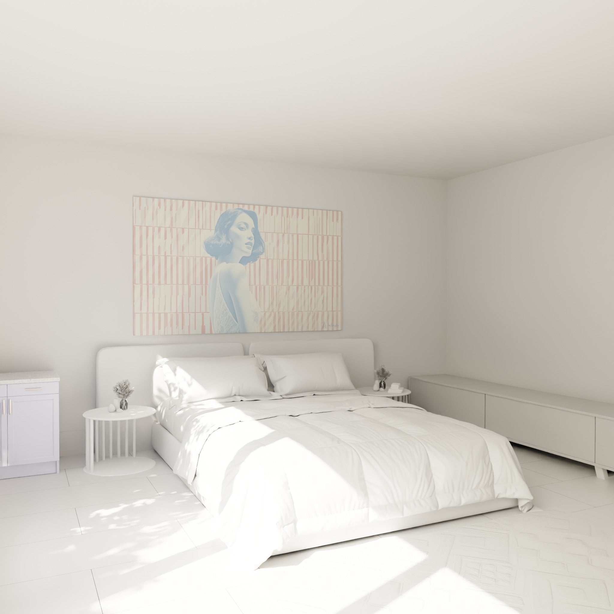 Portrait bleu pastel et rose ancien accroché au-dessus d'un lit dans une chambre claire