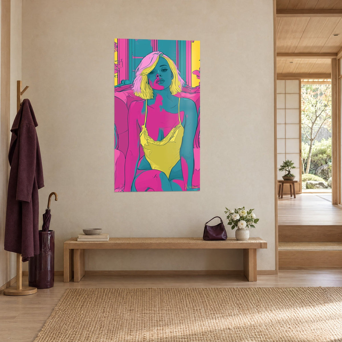Quadro ritratto pop art di una giovane donna dallo sguardo franco, pelle magenta e turchese, tre quarti accanto a una panca di legno